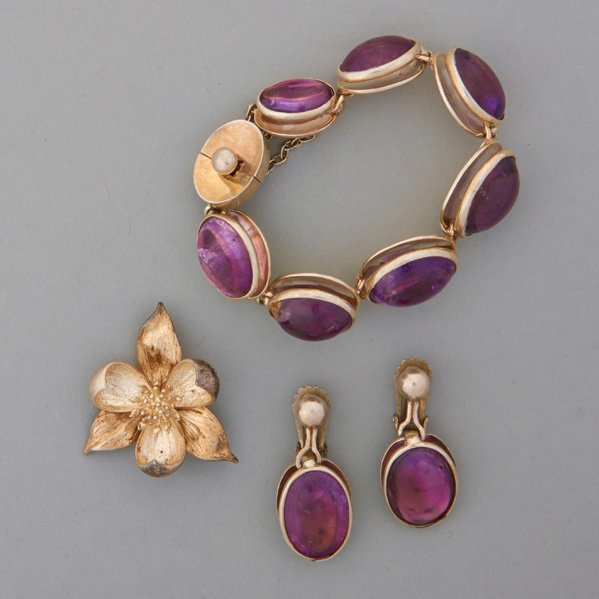 TIFFANY & CO. AND ANTONIO PINEDA SILVER JEWELRY: 20th c.: Tiffany & Co. silver flower brooch; Antonio Pineda, Taxco, silver and amethyst cabochon link bracelet, marked, 8", and matching earrings revised from screw closures to clip closures, 1 3/4"; 