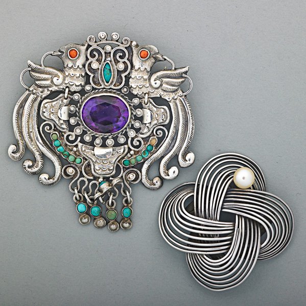 MATL & ANTONIO TAXCO SILVER BROOCHES, MID 20th C.: Matilde Poulat double parrot brooch with amethyst, coral and turquoise, 3" x 2 5/8"; Antonio Pineda knot with 8 mm. cultured pearl, 1 3/4" x 1 3/4"