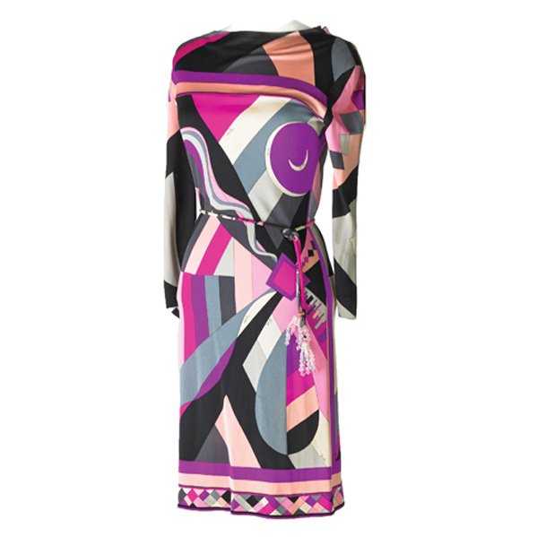 EMILIO PUCCI PRINTED SILK JERSEY DRESS: Geometric pink, purple, grey, black, long sleeves, A-line pipe belt with crystal tassels, 20 ½” sleeve, 39” from shoulder to hem
