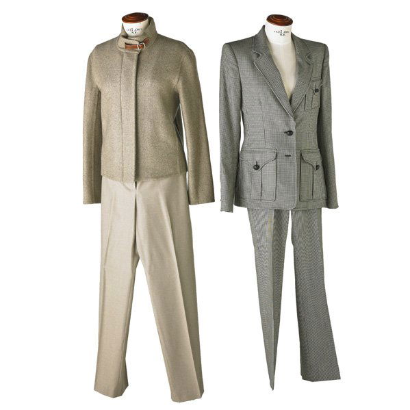 HERMES AND SAINT LAURENT WOOL PANT SUITS: France: Hermes camel colored tweed zip front jacket with leather belted collar and coordinating trousers, 25” sleeve, 24” to waist, 42 ½” leg; Saint Laurent black and white fine hound’s tooth
