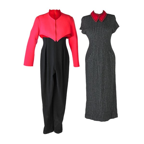 GEOFFREY BEENE COORDINATING WOOL GARMENTS: Bespoke black jersey long sleeve jumpsuit, 26” sleeve, 57” to hem, silk lining; Geometric trimmed red and black boiled wool collar; Knit slate and white stripped cap sleeve sheath maxi dress with 