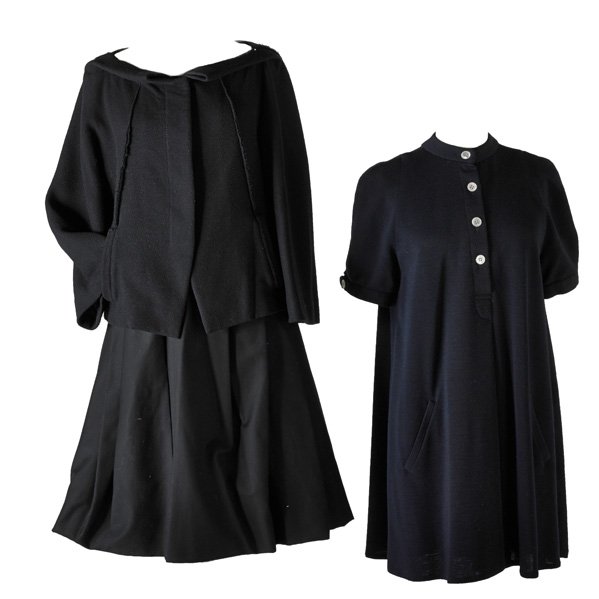 GEOFFREY BEENE AND DONNA KARAN VINTAGE CLOTHING: Two piece black day suit by Donna Karan, unstructured wool and polyamide jacket with button front, raglan detail to front pocket slits, cotton skirt with tulip hem, raglan waist, size 8, 23” sleeve,