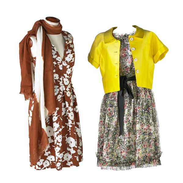 OSCAR DE LA RENTA VINTAGE SUMMER GARMENTS: Floral printed chiffon ribbon dress with black satin sash, sleeveless with side slit pockets, 44” collar to hem; Mahogany and white printed cotton/silk damask sleeveless dress, natural waist with si