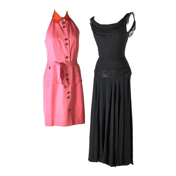 FOUR DESIGNER DRESSES: Carolina Herrera pink and rose cotton halter dress with sash belt, drop front pockets and brown horn buttons, size 10, 37” collar to hem; Rena Lange red wool sleeveless sheath, drop waist, 40 ½”;