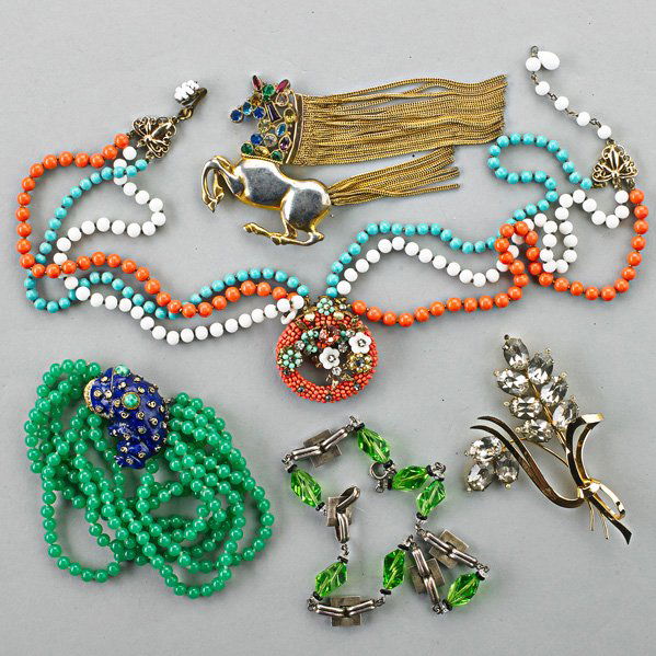 VINTAGE COSTUME JEWELRY: Five pieces: Miriam Haskell jeweled beaded necklace in colors of orange and white coral and turquoise; Les Bernard "chrysoprase" bead torsade bracelet with enameled jeweled clasp in the form of a frog