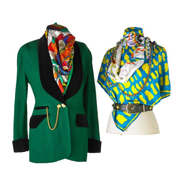 ESCADA BLAZER AND ASSORTED ACCESSORIES: Escada green and black velvet blazer, size 36; Escada hunter green leather belt with gold buckle and embellishments, size 36; Gucci square silk scarf with green, red, blue, yellow print; Christian Lac