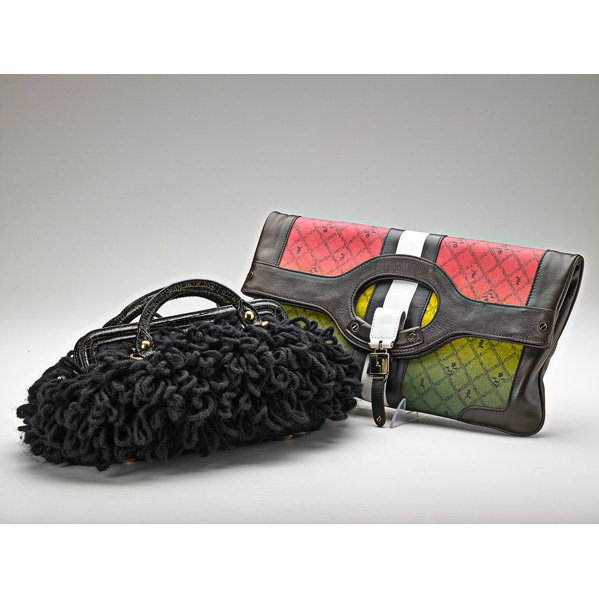 TWO RECENT DESIGNER HANDBAGS: Gwen Stefani L.A.M.B. shade canvas tote with leather trim, 14 1/2" x 15 1/2"; Miu Miu woven black yarn handbag with textured leather handles, frame and detachable strap, 12" x 18"; With dust bags; Not