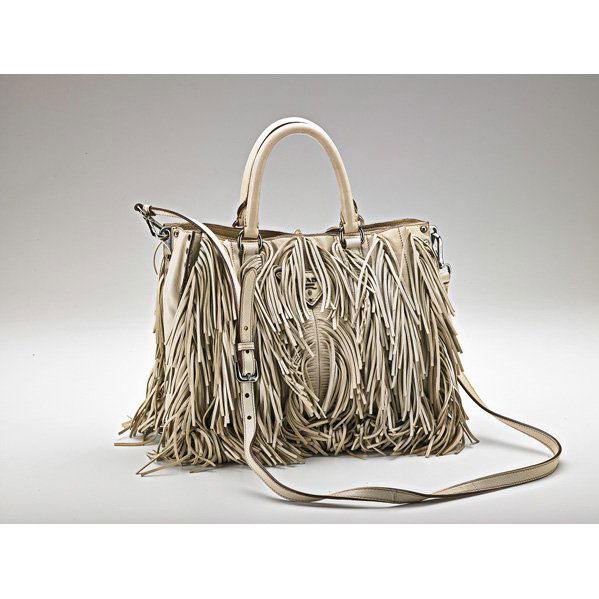PRADA "GRAUFFRE" TOTE: Cream fringe with silver tone hardware and studs, drop handles and detachable strap; With dust bag; 10" x 12"