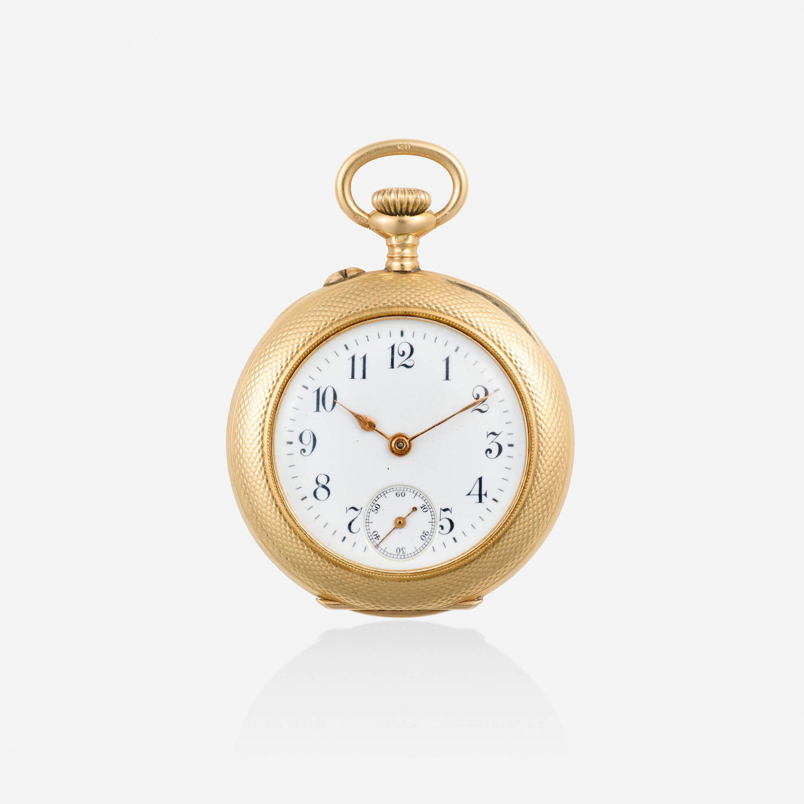Longines, Gold pocket watch: Longines Gold pocket watch With Arabic hours and seconds sub-dial Date: 1900s Dial: White Movement: Manual wind Case material: 14k yellow gold Case size: 32 mm