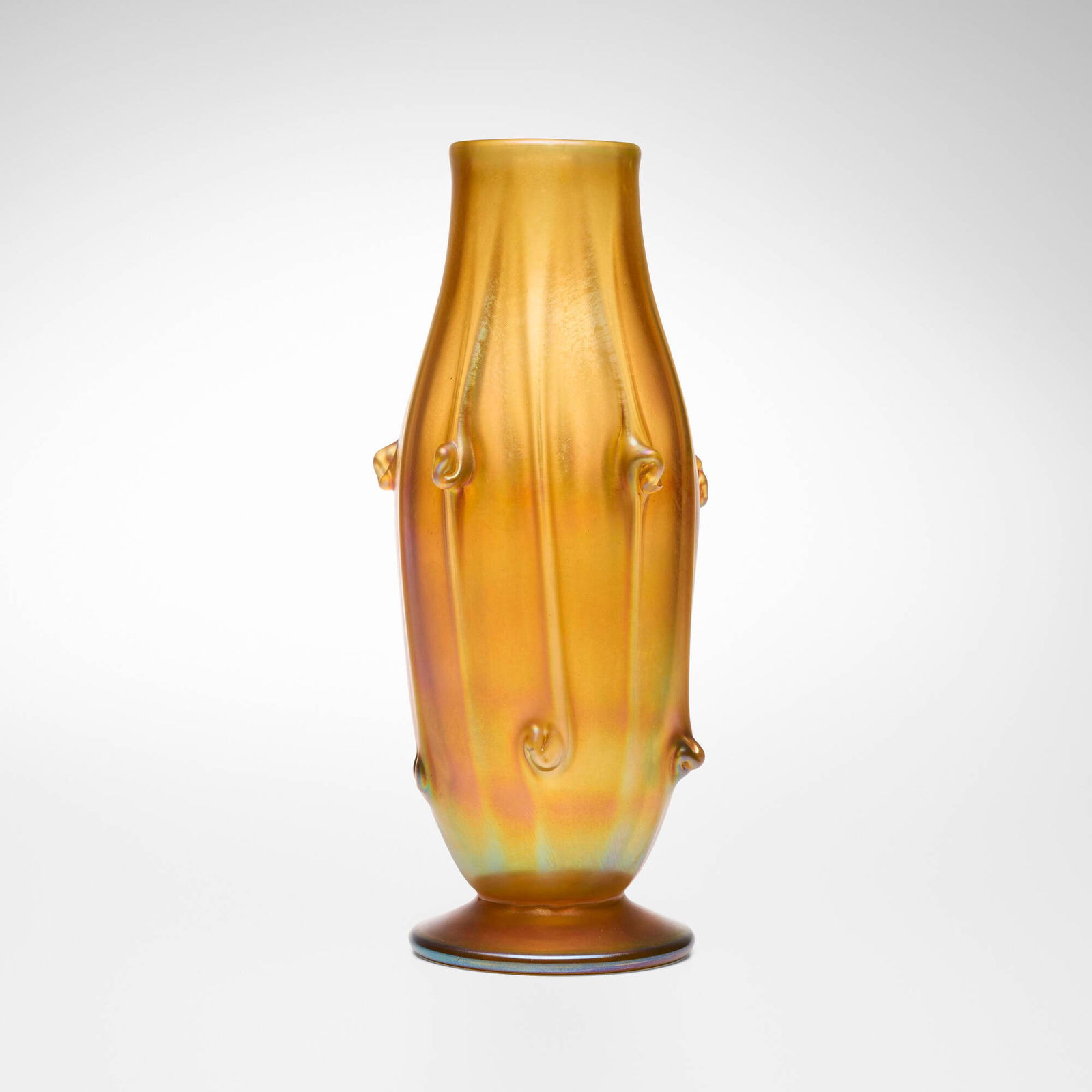 Tiffany Studios, Tall vase with pigtail prunts: Tiffany Studios Tall vase with pigtail prunts USA, c. 1898-1900hand-blown Favrile glass 12.625 h x 5.5 dia in (32 x 14 cm) Etched to underside 'L.C.T. L 2070'. Provenance: