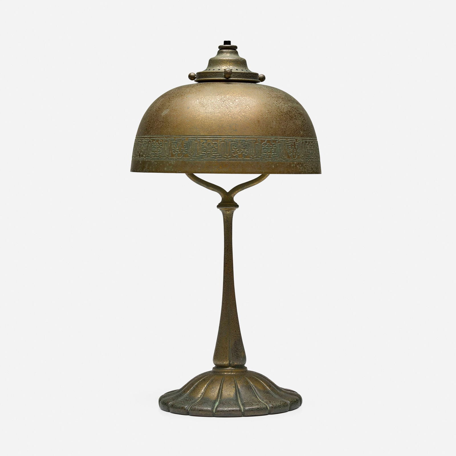 Tiffany Studios, Desk lamp: Tiffany Studios Desk lamp USA, c. 1910acid-etched and gilt bronze 14.25 h x 7.375 dia in (36 x 19 cm) Lamp features a Ribbed base.Impressed to underside 'TIFFANY STUDIOS NEW YORK 686'.<