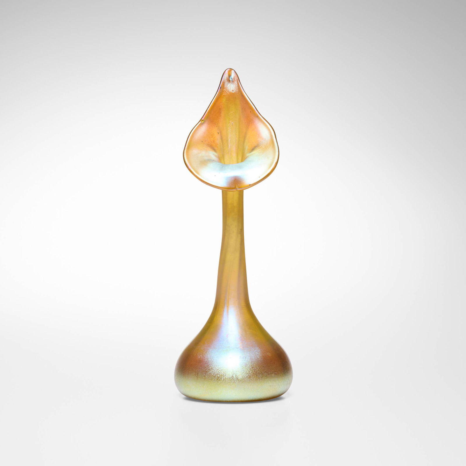 Tiffany Studios, Jack-in-the-Pulpit vase: Tiffany Studios Jack-in-the-Pulpit vase USA, c. 1900-03hand-blown Favrile glass 9.75 h x 3.5 dia in (25 x 9 cm) Etched to underside 'L.C.T. W 7068'. This work will ship fro