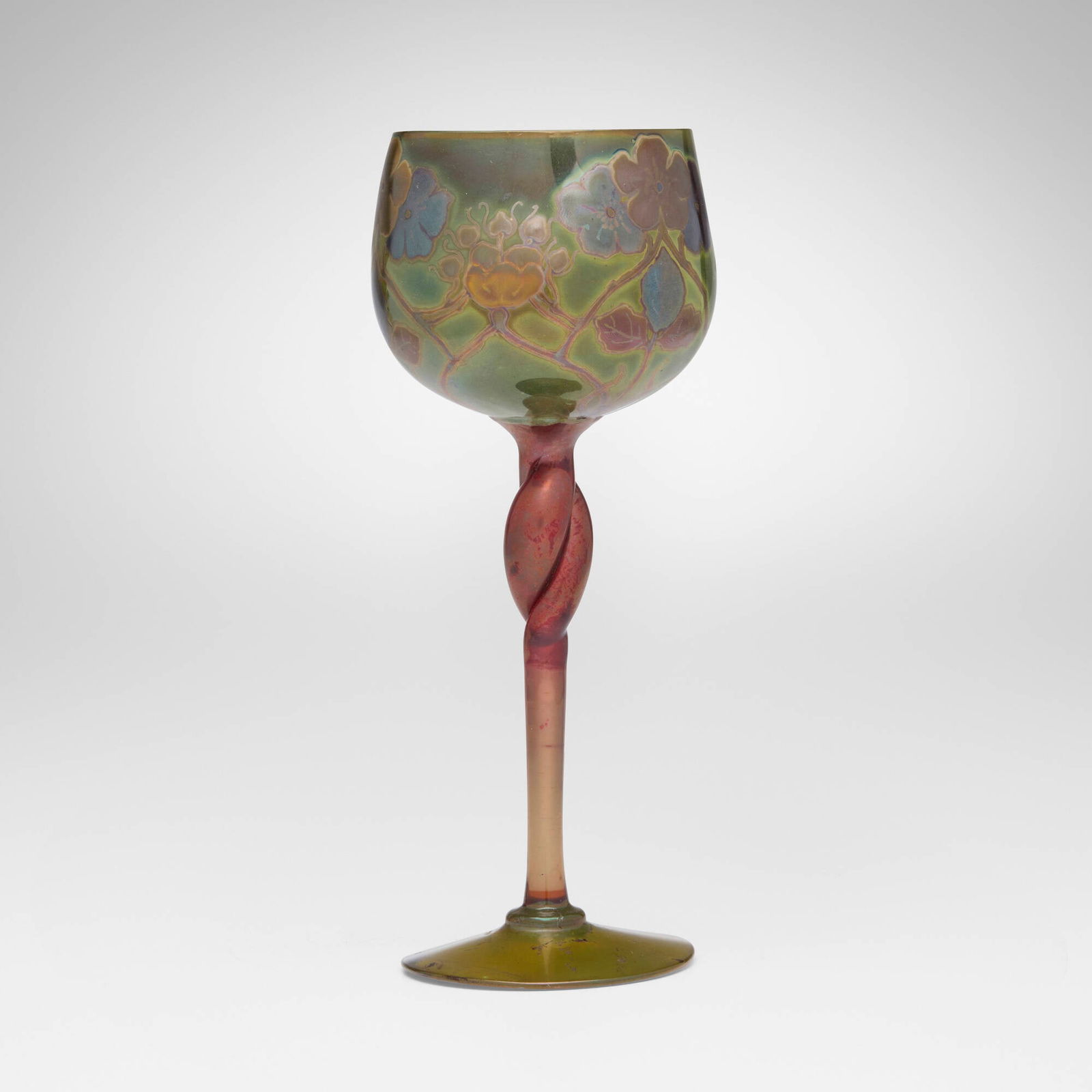 Amedee de Caranza, Decorated goblet: Amedee de Caranza Decorated goblet Turkey/France, c. 1900hand-blown iridized glass 7 h x 2.75 w x 3 d in (18 x 7 x 8 cm) Signed to underside 'Duc-A. de Caranza'. This work