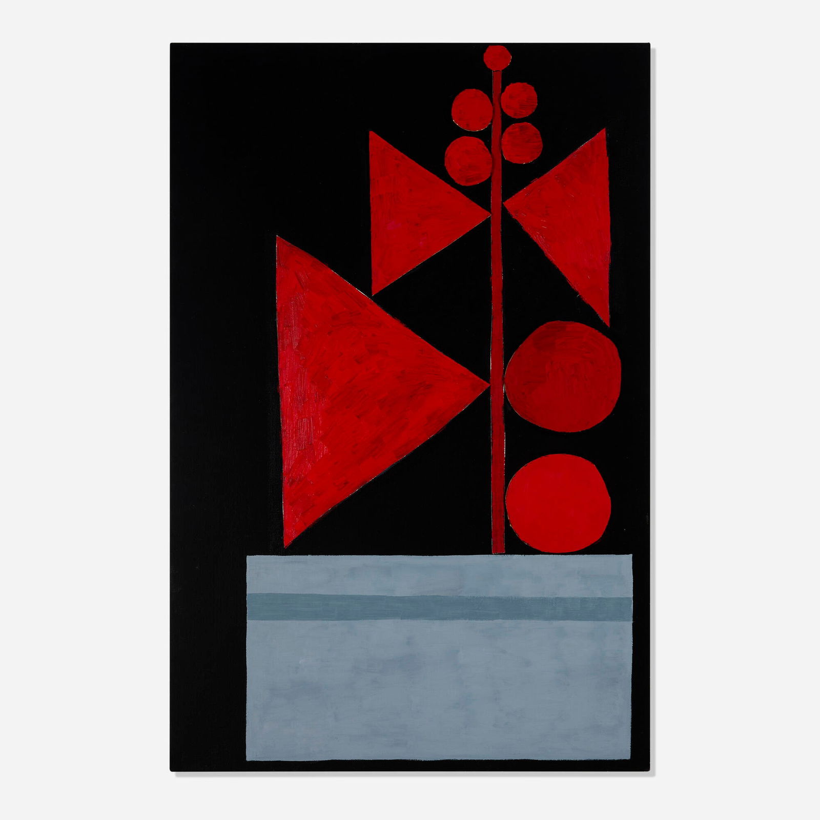 Jonas Wood, Red on Black Collage: Jonas Wood Red on Black Collage 2009oil, cardboard, linen and canvas on linen 44 h x 29 w in (112 x 74 cm) Signed, titled and dated to verso 'Red on Black Collage JBRW 2009'. Pr