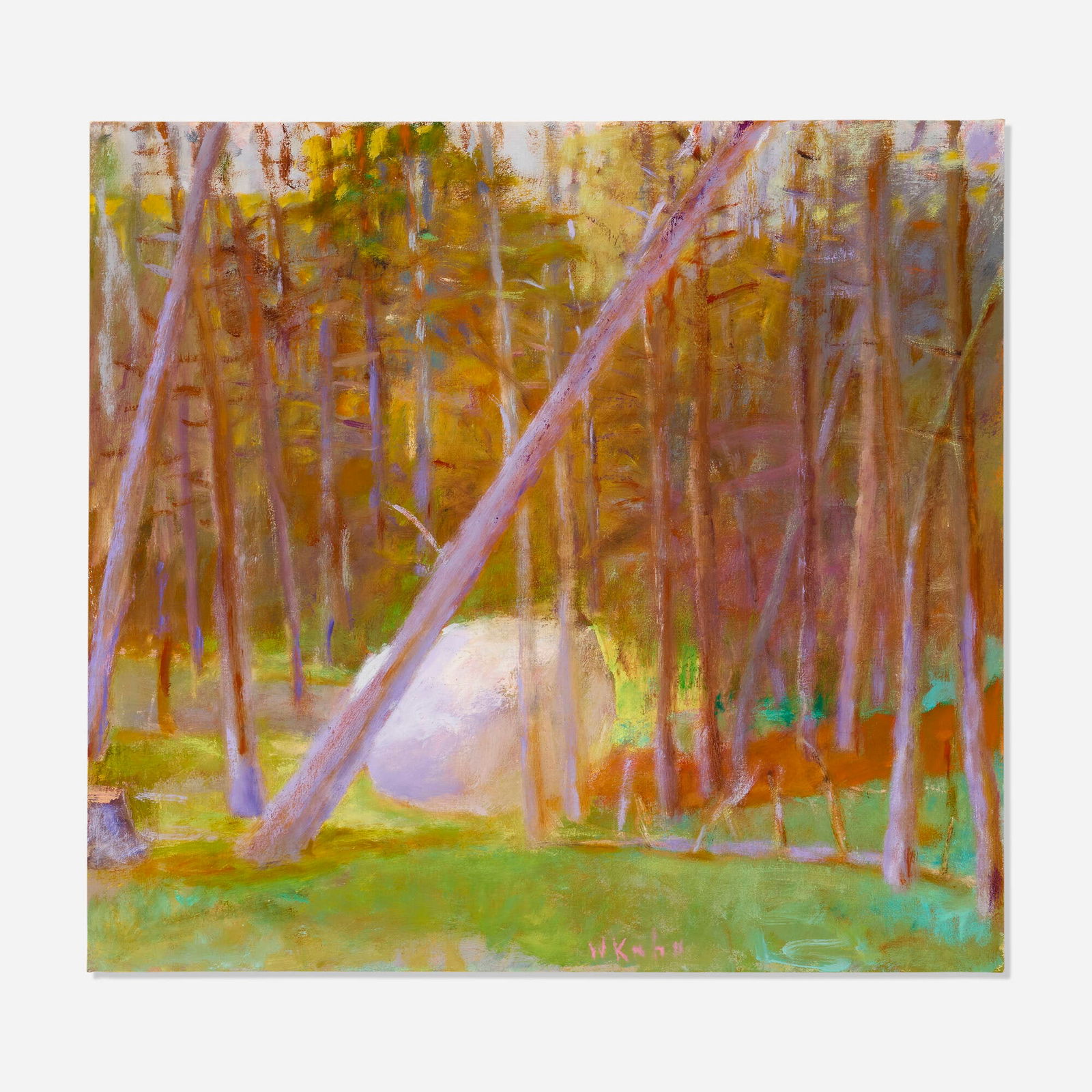 Wolf Kahn, Spiky Pines, Maine II: Wolf Kahn Spiky Pines, Maine II 1993oil on canvas 27.875 h x 30 w in (71 x 76 cm) Signed to lower edge 'W. Kahn'. Titled, dated and inscribed to stretcher bar verso 'Spiky Pines, Maine II #104