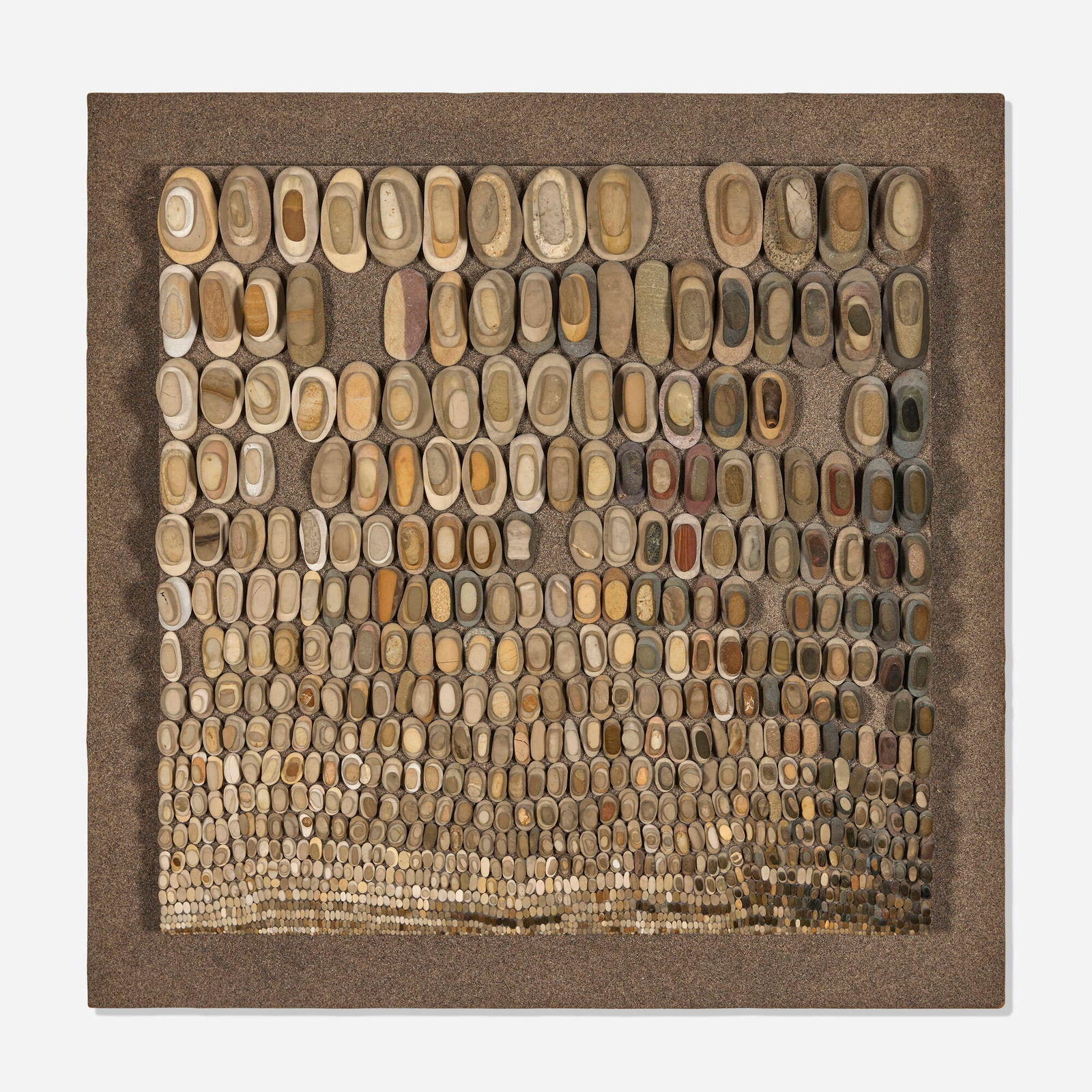 Mary Bauermeister, St. Pierre: Mary Bauermeister St. Pierre 1964stones on particle board coated with sand mounted on a larger particle board coated with sand 24 h x 24 w x 2.75 d in (61 x 61 x 7 cm) This work is registered