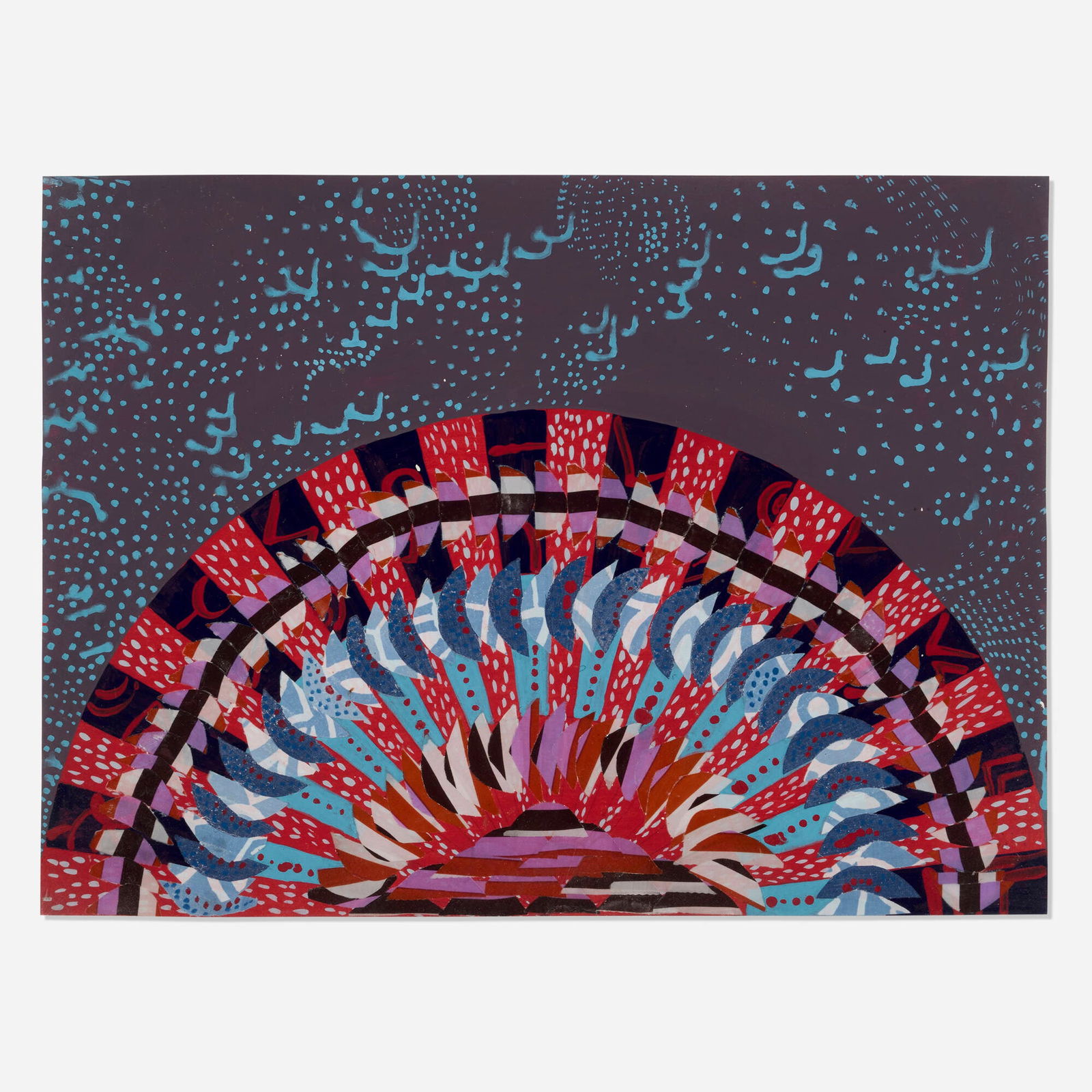 Miriam Schapiro, Mesa Fan: Miriam Schapiro Mesa Fan 1978acrylic and fabric on paper 21.75 h x 29.625 w in (55 x 75 cm) Signed, titled and dated to verso 'Miriam Schapiro '78 Mesa Fan'. Provenance: