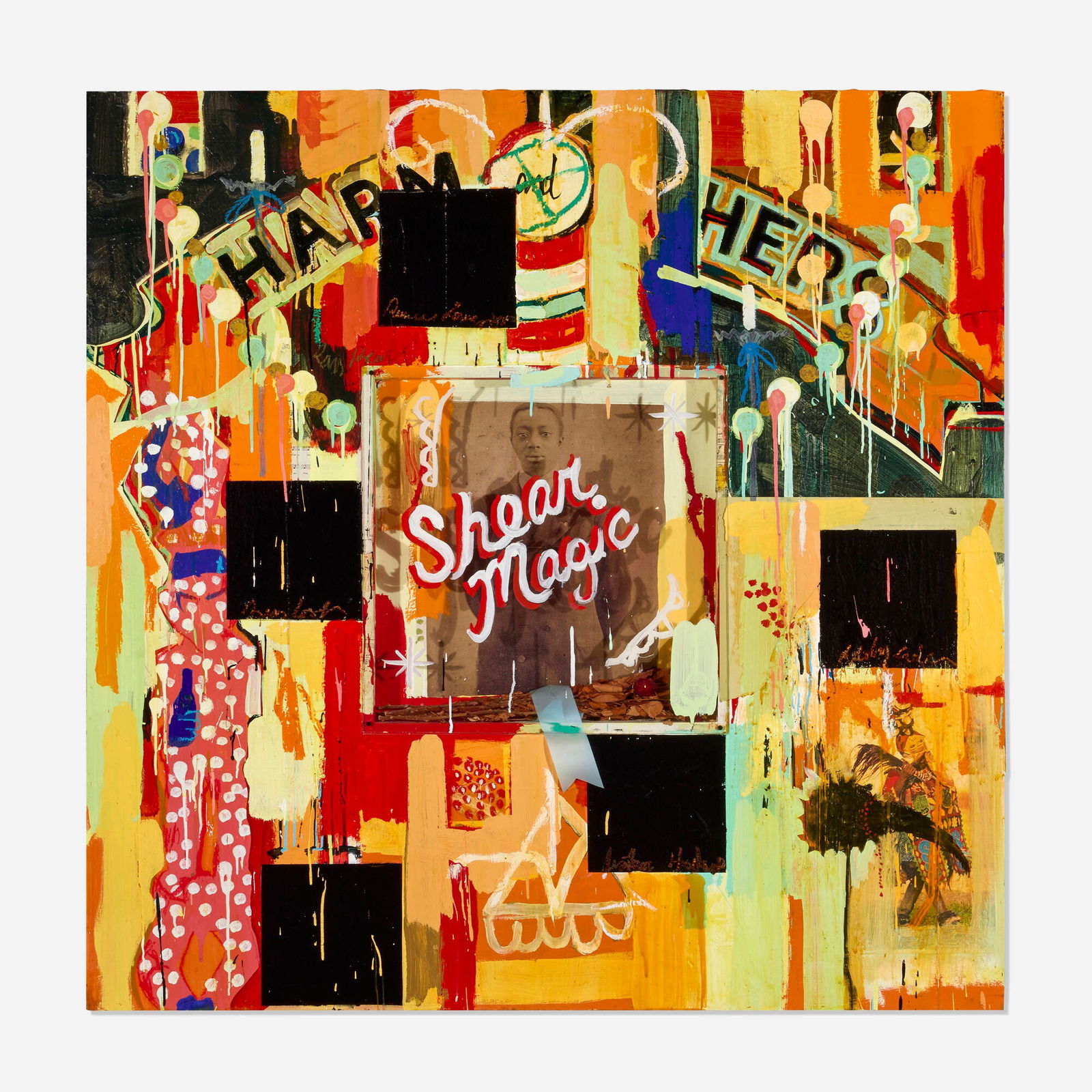 Radcliffe Bailey, Shear Magic: Radcliffe Bailey Shear Magic 1995mixed media on wood 60 h x 60 w x 4 d in (152 x 152 x 10 cm) Signed and dated to upper left 'Radcliffe Bailey 95'. Provenance: Fay Gold