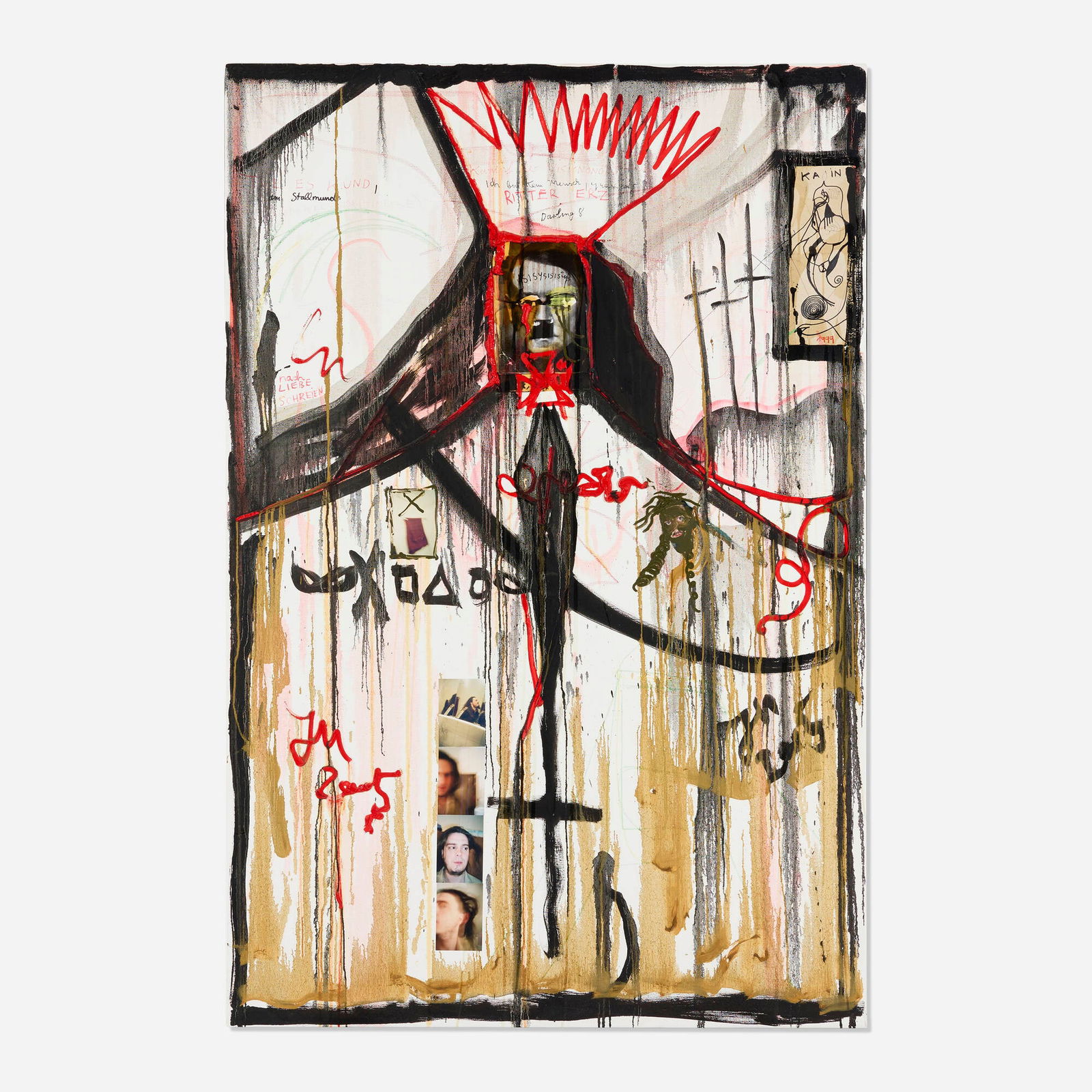Jonathan Meese, Der Babymensch aus Eis. Fly Jonathan Robin, Fly: Jonathan Meese Der Babymensch aus Eis. Fly Jonathan Robin, Fly 2005oil and mixed media collage on canvas 82.5 h x 56 w in (210 x 142 cm) Signed and dated to lower left 'JM 2005'. Signed, title