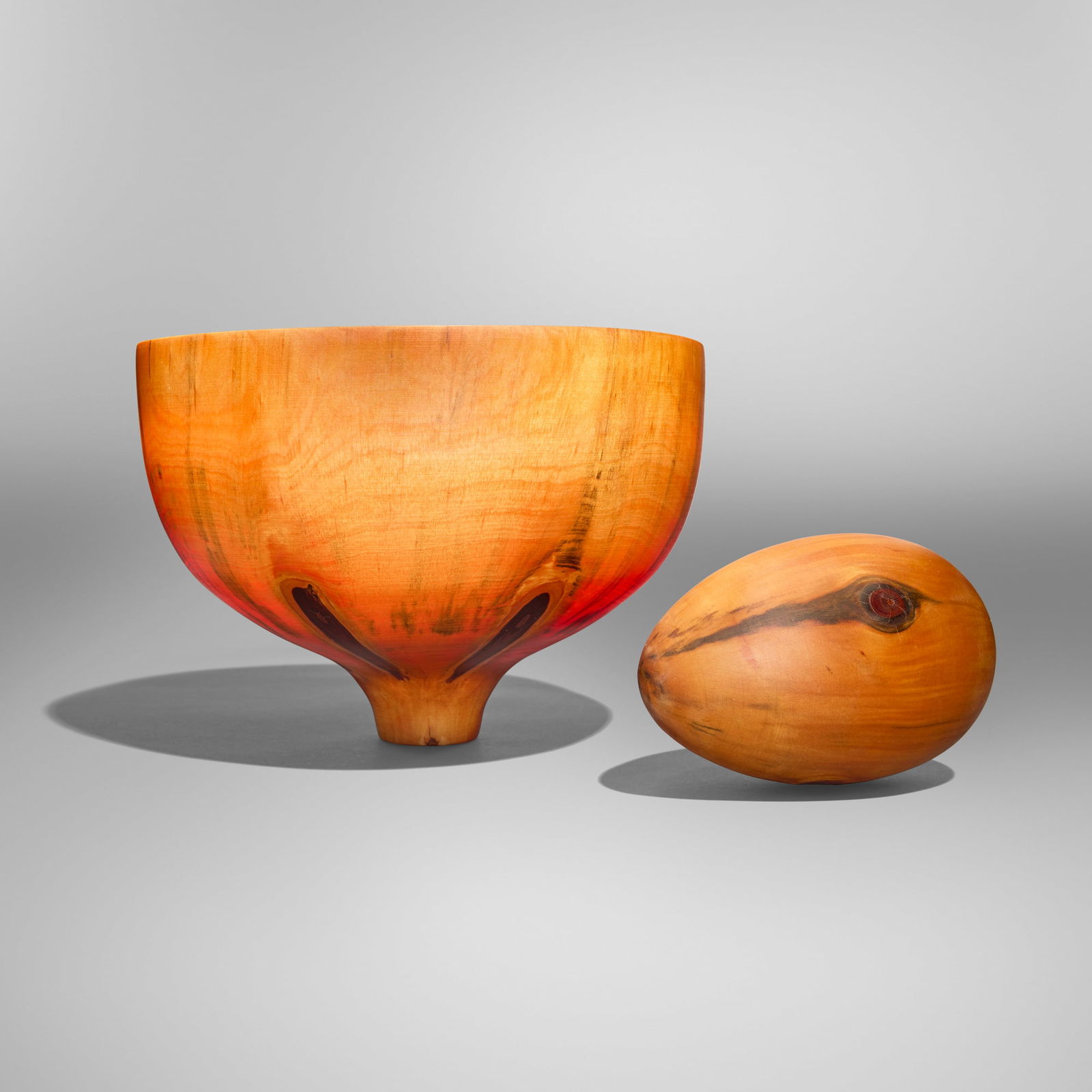 Ron Kent, Bowl; Egg (two works): Ron Kent Bowl; Egg (two works) c. 1993Norfolk pine 7.5 h x 10.75 dia in (19 x 27 cm) 6 h x 4 dia in (15 x 10 cm) Incised signature to underside of each example 'Ron Kent'. Sold with origina