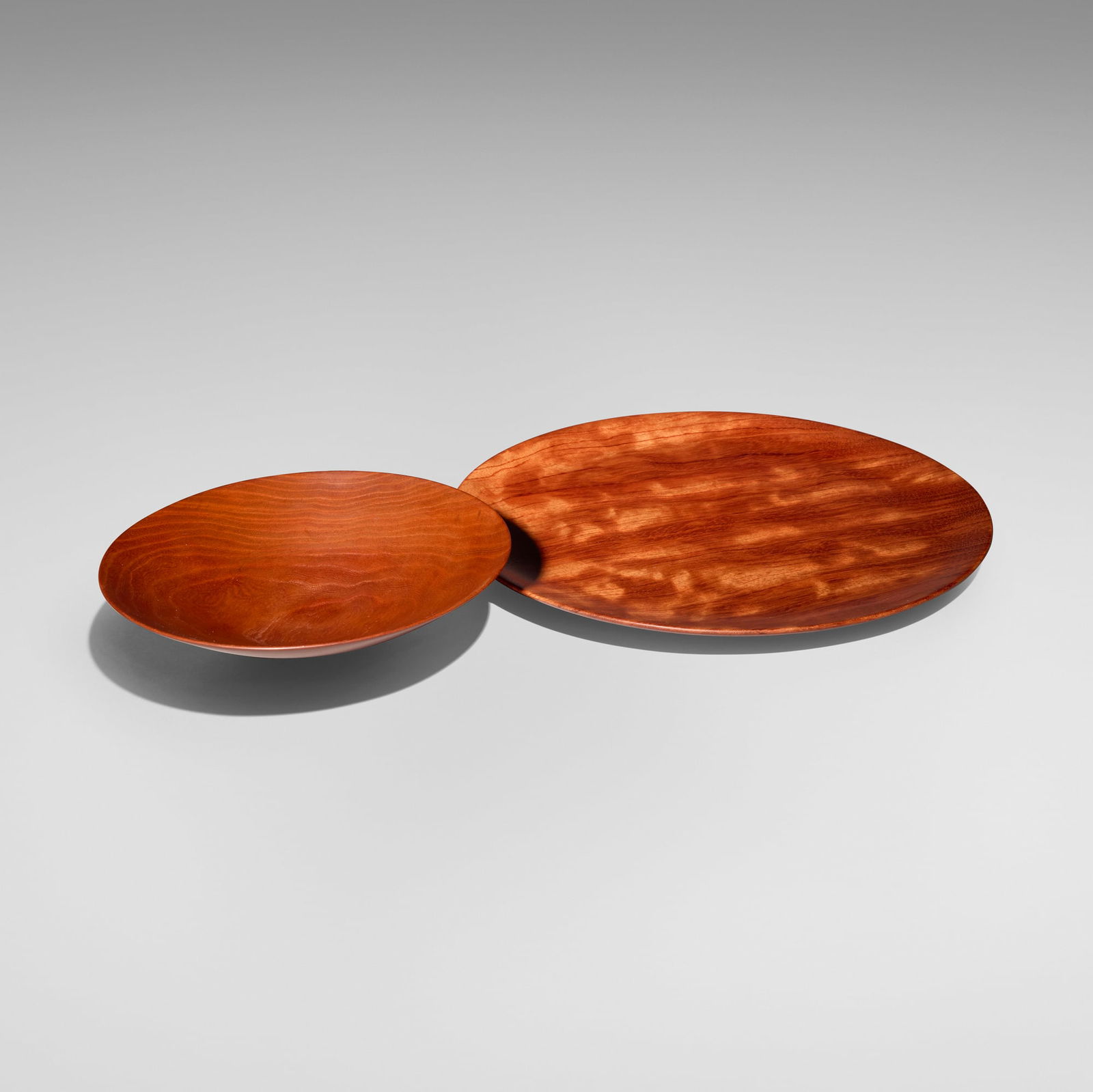 Bob Stocksdale, Plate and bowl: Bob Stocksdale Plate and bowl 1994, 1997wild cherry, bubinga 0.75 h x 12.875 dia in (2 x 33 cm) 2 h x 8.5 dia in (5 x 22 cm) Incised signature, date and wood type to underside of each examp