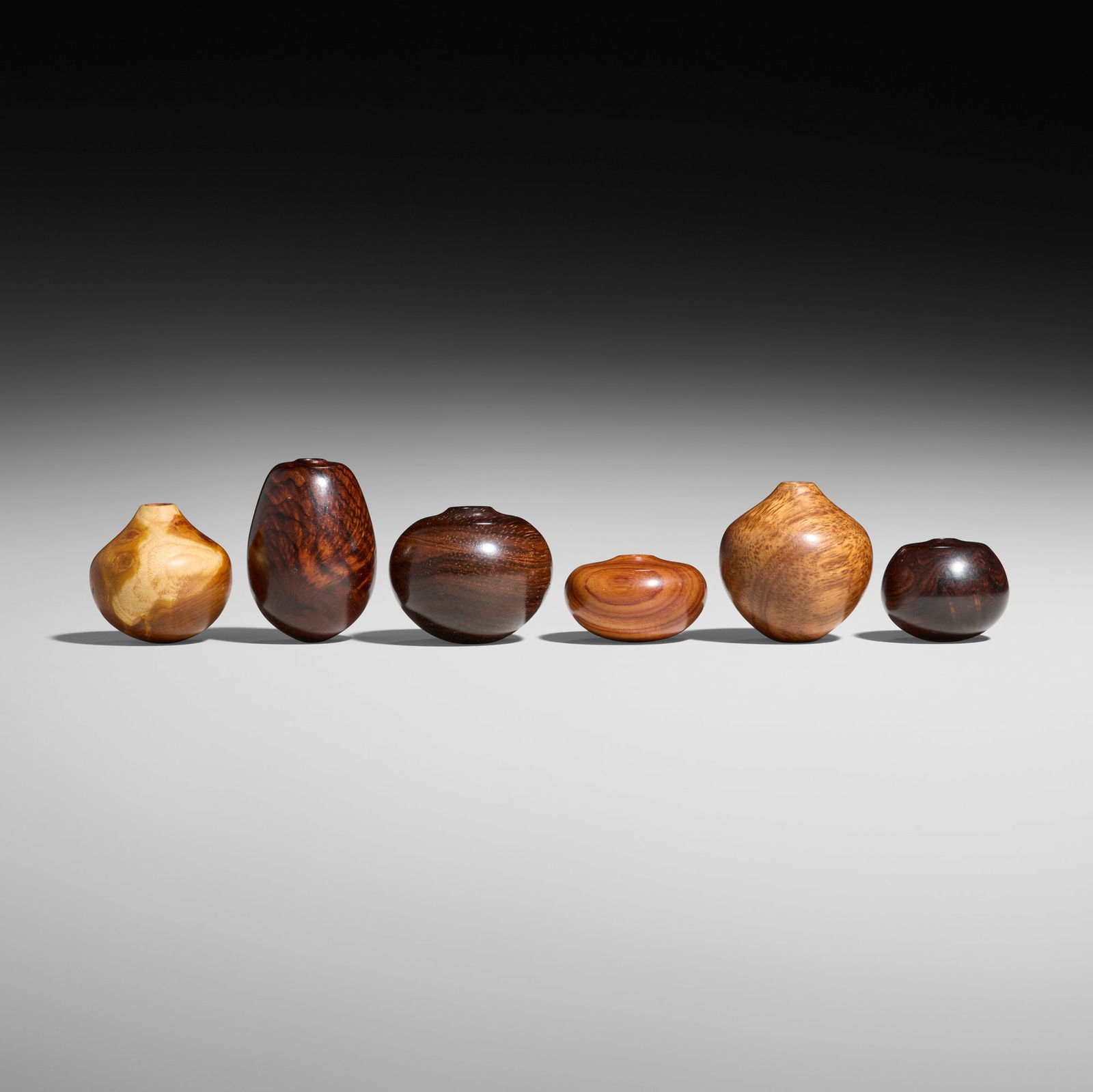David Ellsworth, Collection of six miniature vessels: David Ellsworth Collection of six miniature vessels 1991, undatedolivewood , cocobolo, rosewood, padauk, sheoak, African blackwood tallest: 1.625 h x 1.25 dia in (4 x 3 cm) shortest: 0.75 h x 1.25