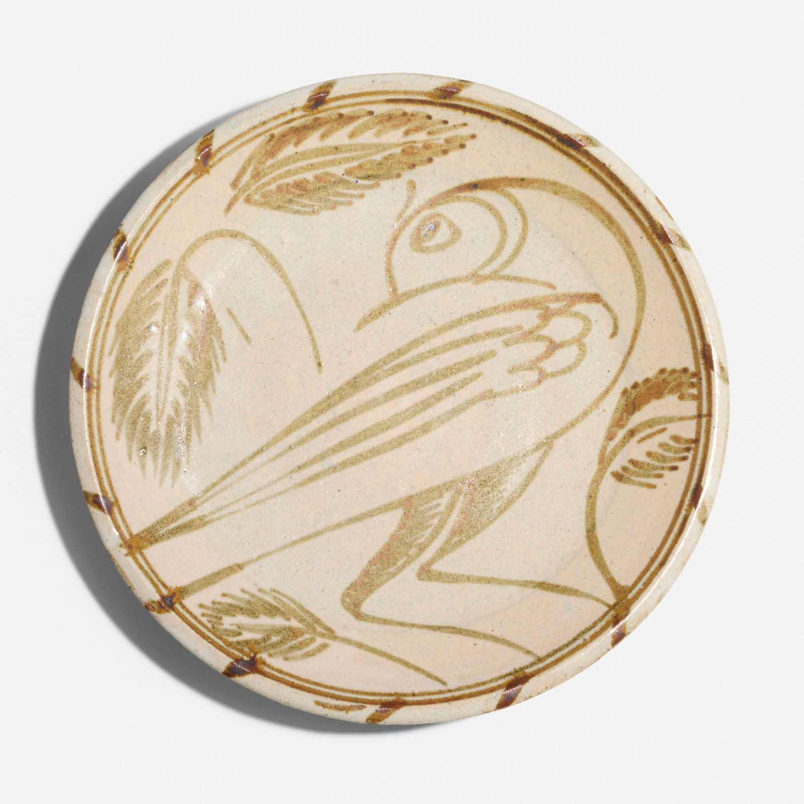 Michael Cardew, Plate with bird and foliage: Michael Cardew Plate with bird and foliage Wenford Bridgec. 1969glazed stoneware 1.375 h x 10 dia in (3 x 25 cm) Impressed artist's chop mark to underside 'MC' with circular studio seal.