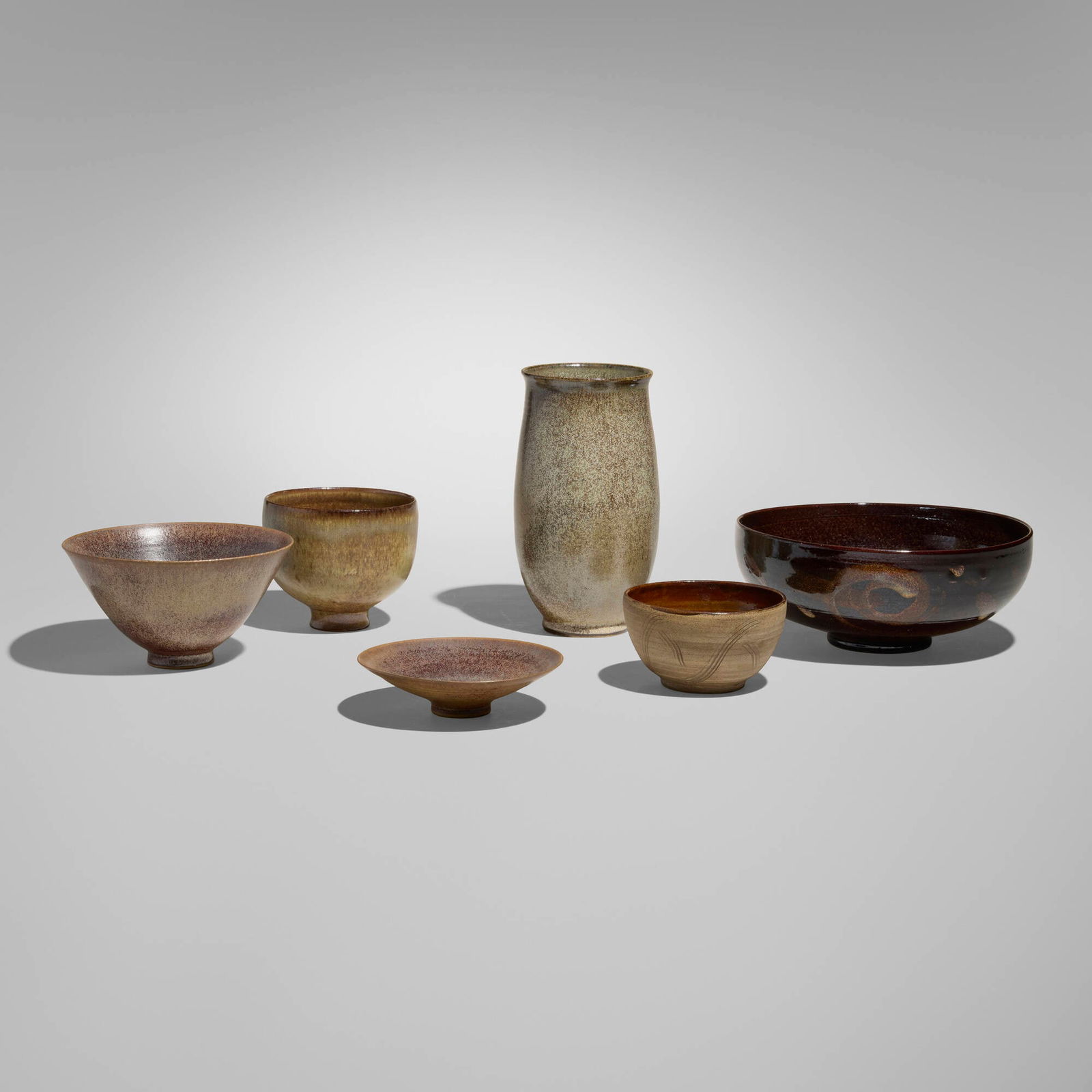 Edwin and Mary Scheier, Collection of six early vessels: Edwin and Mary Scheier Collection of six early vessels c. 1960glazed earthenware tallest: 8.25 h x 4.5 dia in (21 x 11 cm) shortest: 1.75 h x 5.5 dia in (4 x 14 cm) Incised signature to eac