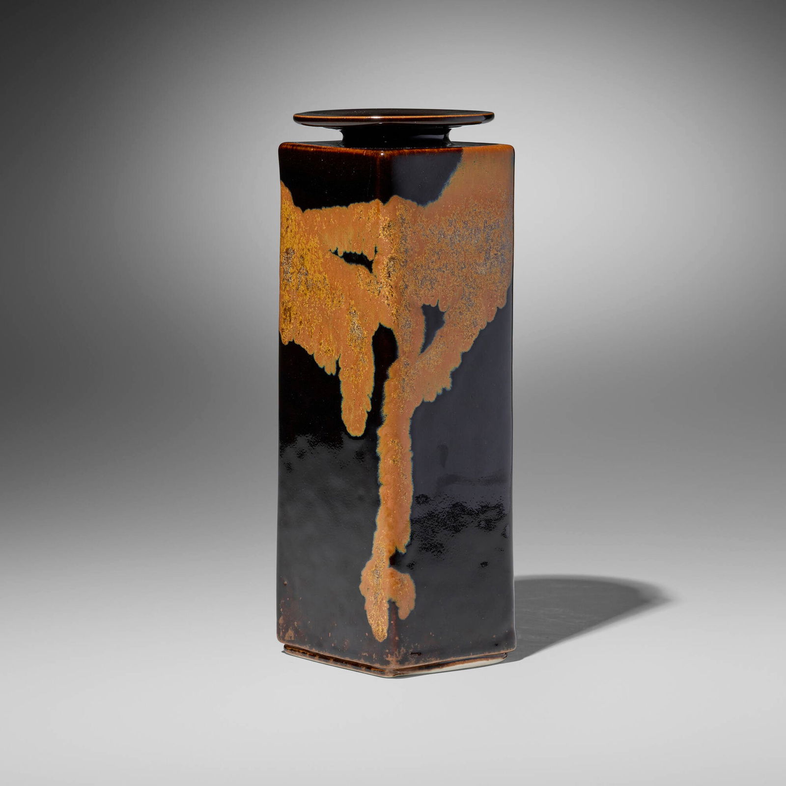 Brother Thomas Bezanson, Square vase: Brother Thomas Bezanson Square vase c. 2005tenmoku with crystalline rutile-glazed porcelain 10.25 h x 3.5 w x 3.25 d in (26 x 9 x 8 cm) Ichthys symbol to underside. Provenance:<