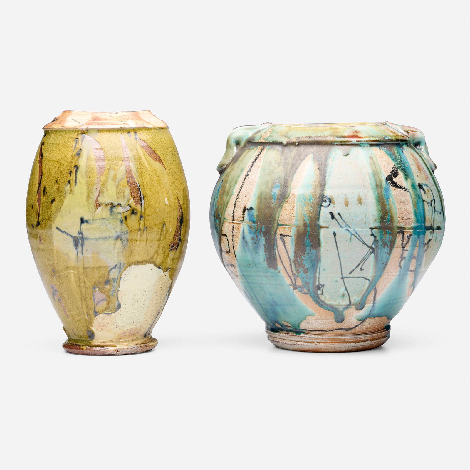 Josh DeWeese, Jars, set of two: Josh DeWeese Jars, set of two c. 2013salt and soda-glazed wood-fired stoneware 9.5 h x 6.5 w x 6.375 d in (24 x 17 x 16 cm) 8.875 h x 9.25 w x 9.625 d in (23 x 23 x 24 cm) Raised circular s