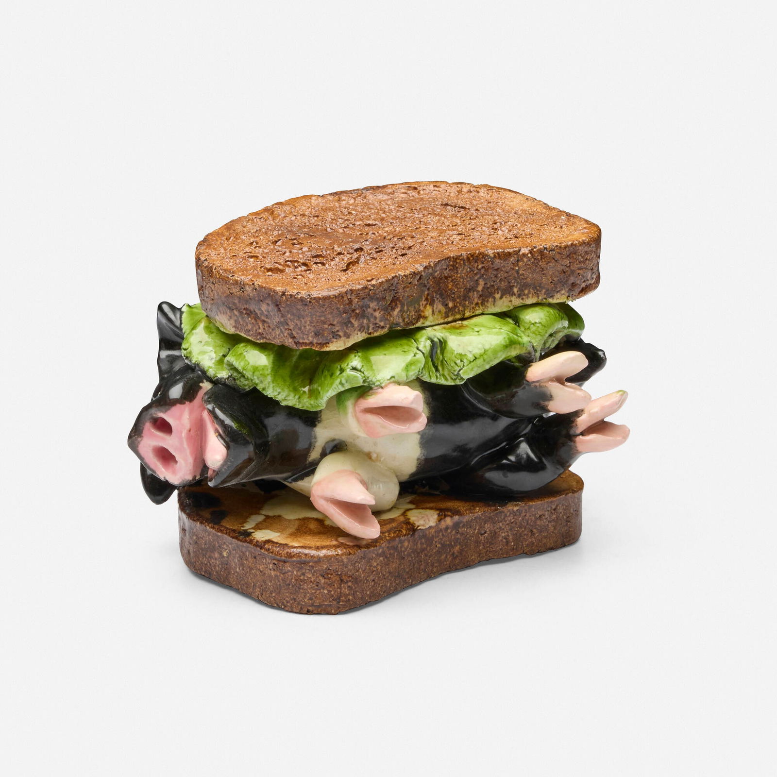 David Gilhooly, Ham on Rye: David Gilhooly Ham on Rye 1991glazed earthenware 3.75 h x 5.5 w x 4.75 d in (10 x 14 x 12 cm) Incised signature and date to bread slice 'Gilhooly 91'. This work will ship f