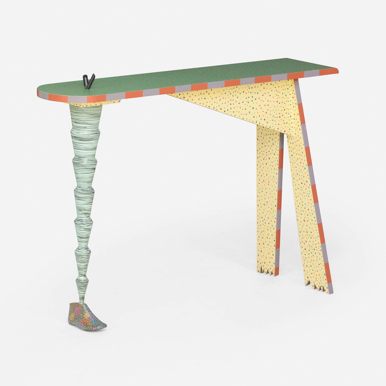 Tom Loeser, Console table with foot: Tom Loeser Console table with foot USA, c. 2000lacquered and painted wood 27 h x 38 w x 12 d in (69 x 97 x 30 cm) This work will ship from Lambertville, New Jersey.