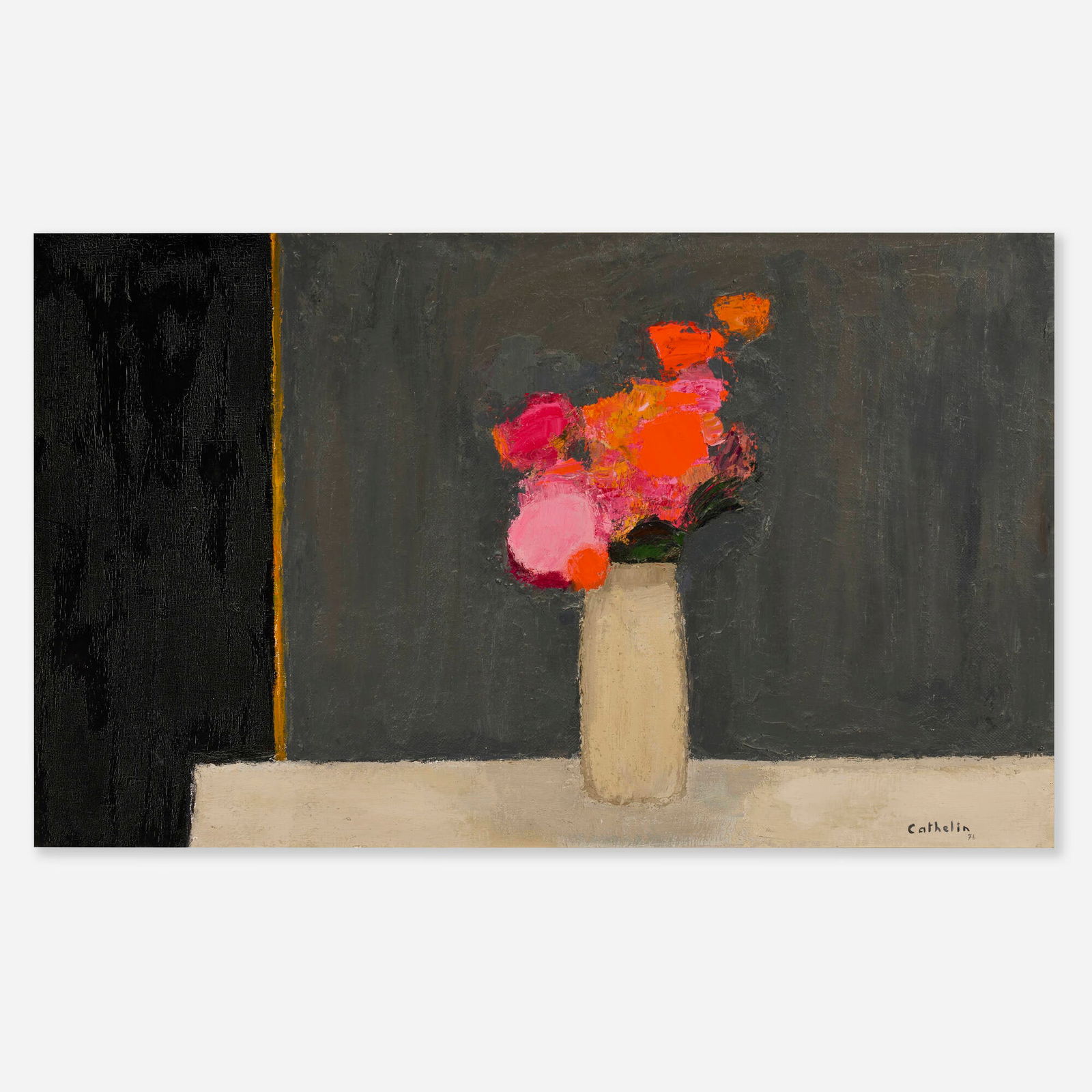Bernard Cathelin, Bouquet au fond gris: Bernard Cathelin Bouquet au fond gris 1976oil on canvas 35.125 h x 57.5 w in (89 x 146 cm) Signed and dated to lower right 'Cathelin 76'. Signed, titled and dated to verso 'Bouquet au fond gri