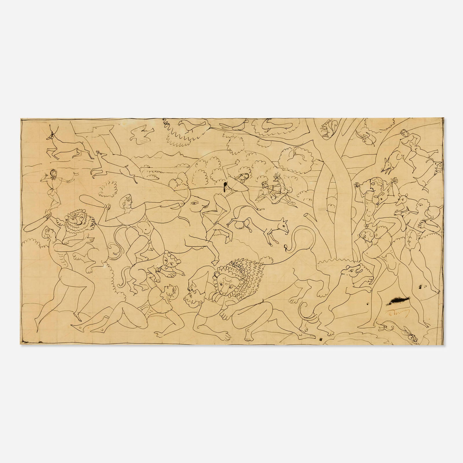 Andre Derain, Etude pour une tapisserie de l'epic: Andre Derain Etude pour une tapisserie de l'epic 1930Chinese ink on paper sight: 25.375 h x 47.375 w in (64 x 120 cm) Signed to lower right 'Derain'. Provenance: Collec