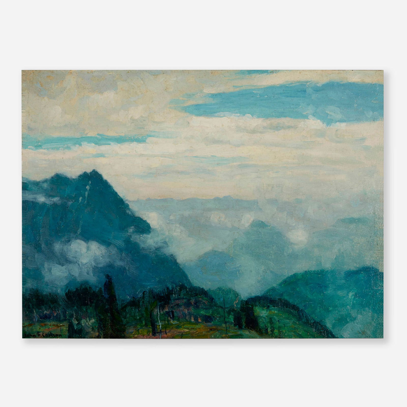 John Fabian Carlson, Mountain Mists: John Fabian Carlson Mountain Mists oil on board 12 h x 16 w in (30 x 41 cm) Signed to lower left 'John F. Carlson'. Signed and titled to verso 'Mountain Mists John F Carlson' with Vose Galleries of