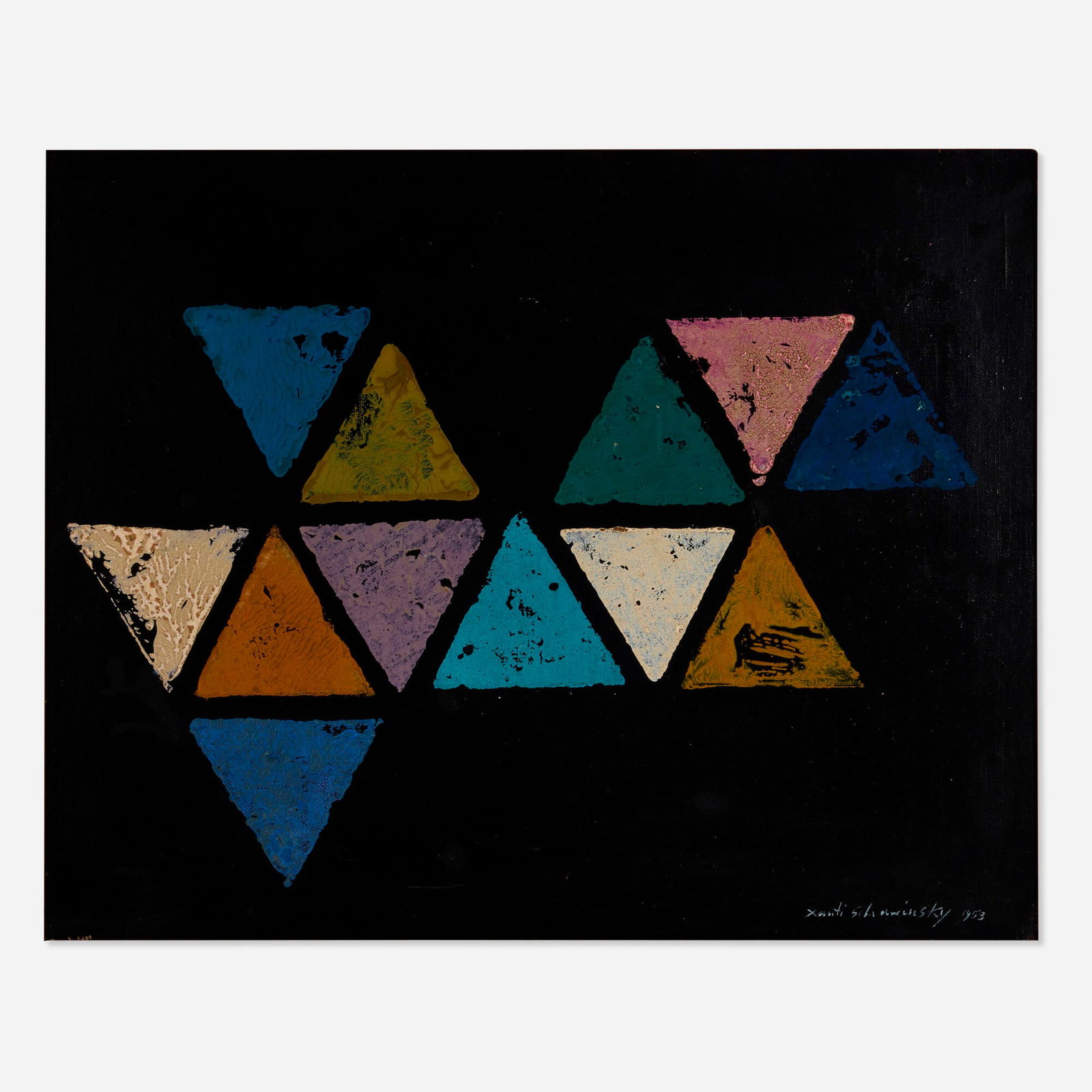 Xanti Schawinsky, Untitled: Xanti Schawinsky Untitled 1953oil on board 16 h x 20 w in (41 x 51 cm) Signed and dated to lower right 'Xanti Schawinsky 1953'. This work will ship from Lambertville, New J