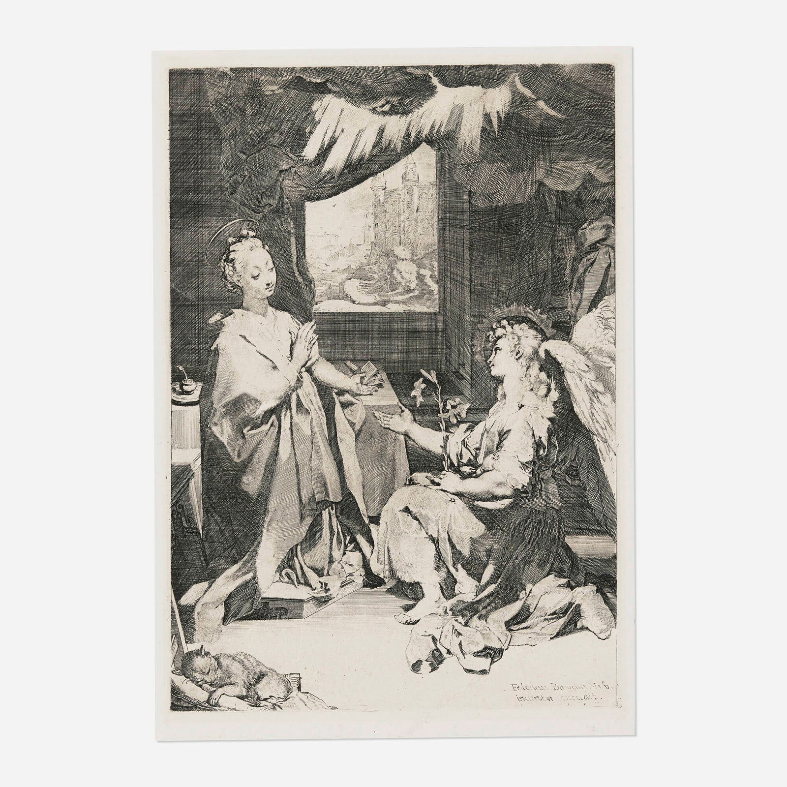 Federico Barocci, The Annunciation: Federico Barocci The Annunciation c. 1585etching and engraving image: 17.25 h x 12 w in (44 x 30 cm) sheet: 18.625 h x 13 w in (47 x 33 cm) Literature: Bartsch 1