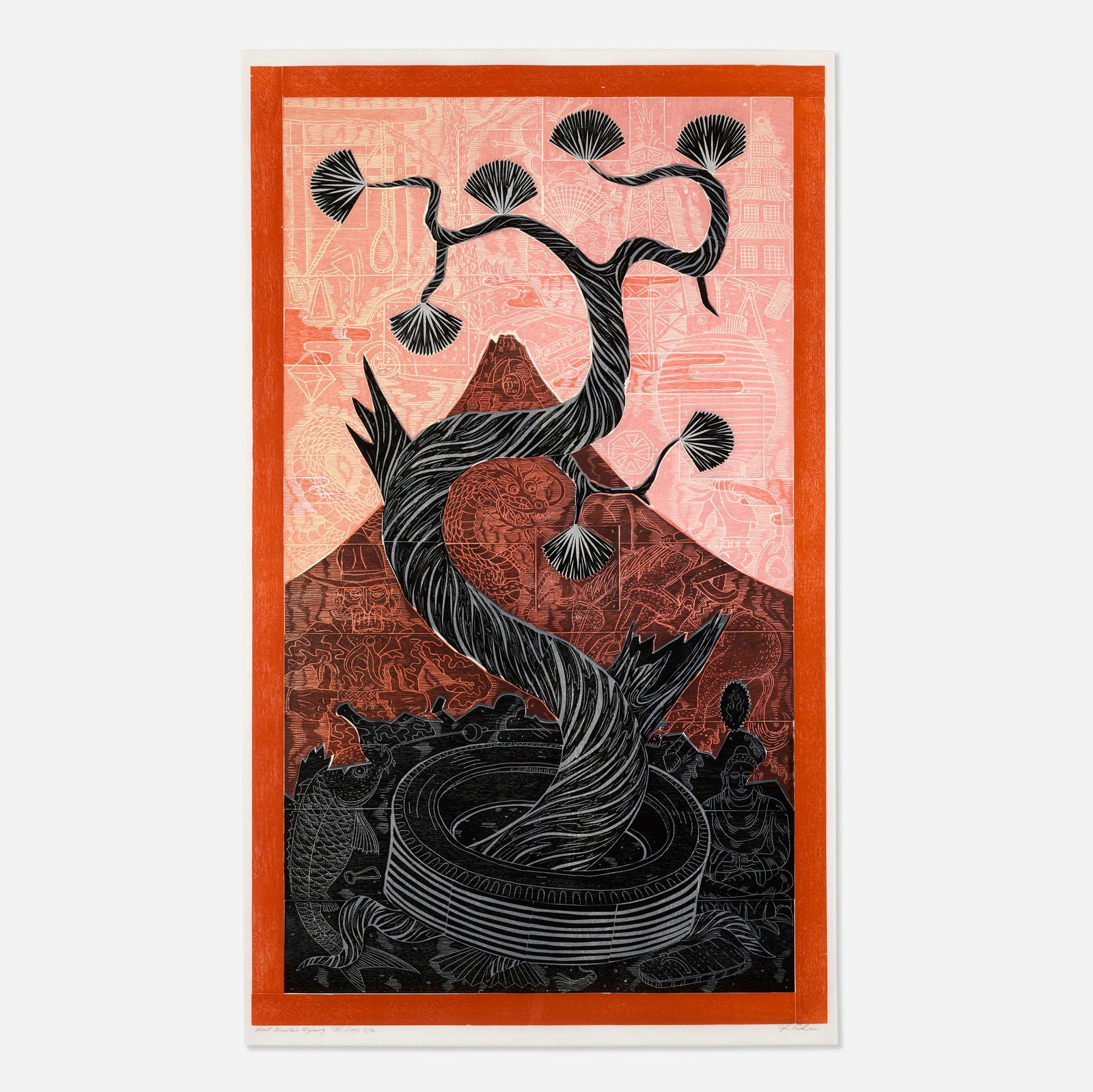 John Buck, Heart Mountain Wyoming: John Buck Heart Mountain Wyoming 2000woodblock in colors image: 5.375 h x 35.75 w in (14 x 91 cm) sheet: 62.25 h x 37 w in (158 x 94 cm) Signed, titled, dated and numbered to lower edge 'He