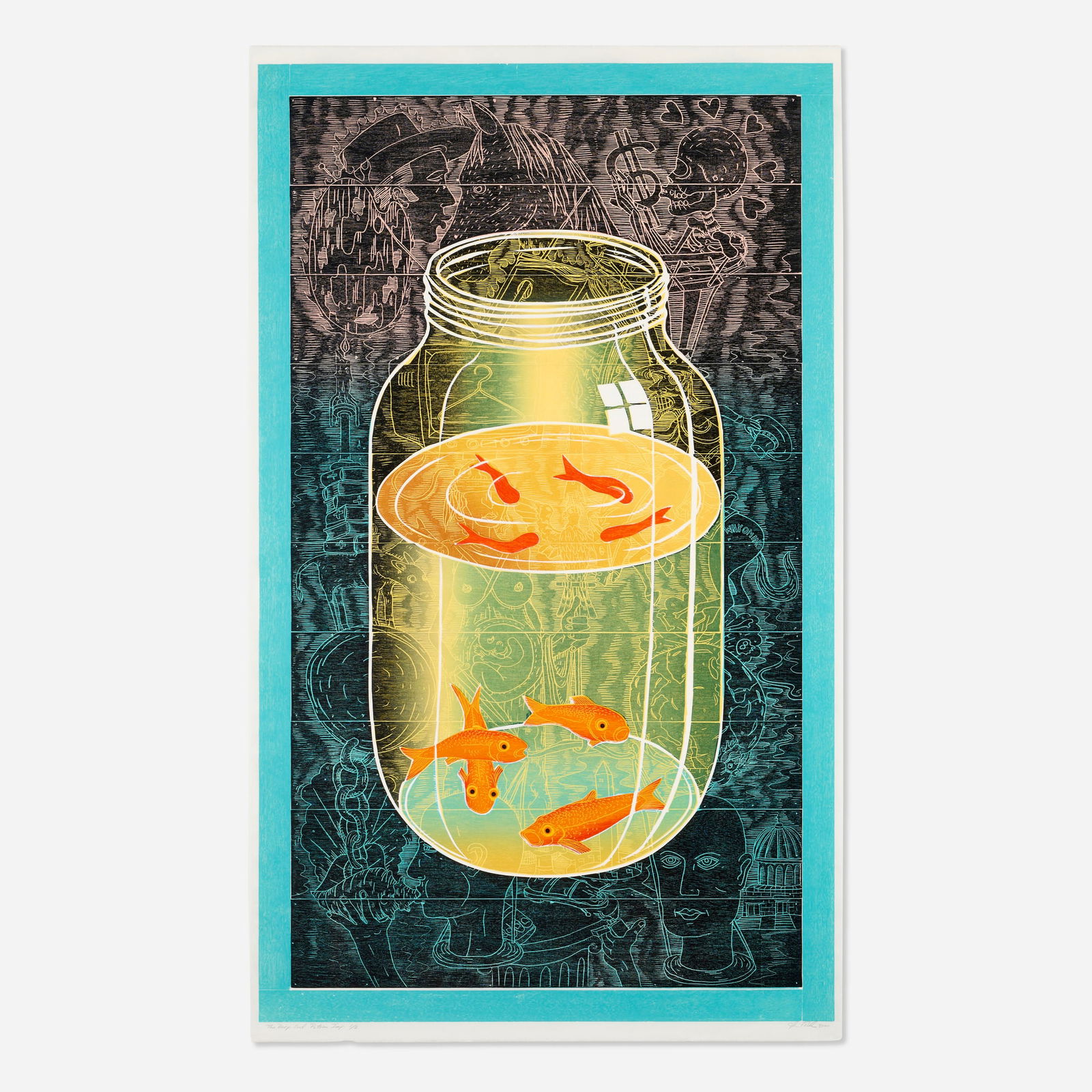 John Buck, The Deep End: John Buck The Deep End 2000woodcut in colors with chine-colle on Thai mulberry paper image: 59.75 h x 36 w in (152 x 91 cm) sheet: 62 h x 37 w in (157 x 94 cm) Signed, titled, dated and num