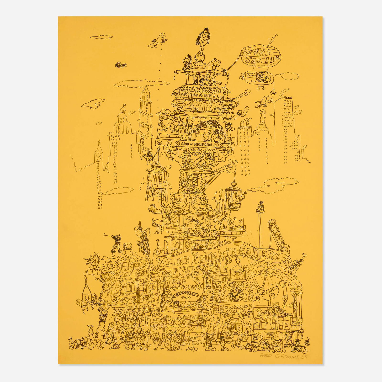 Red Grooms, City of Chicago exhibition poster: Red Grooms City of Chicago exhibition poster 1968lithograph on colored paper 28.75 h x 21.875 w in (73 x 56 cm) Signed and dated to lower right 'Red Grooms 68'. This poster was created in conj