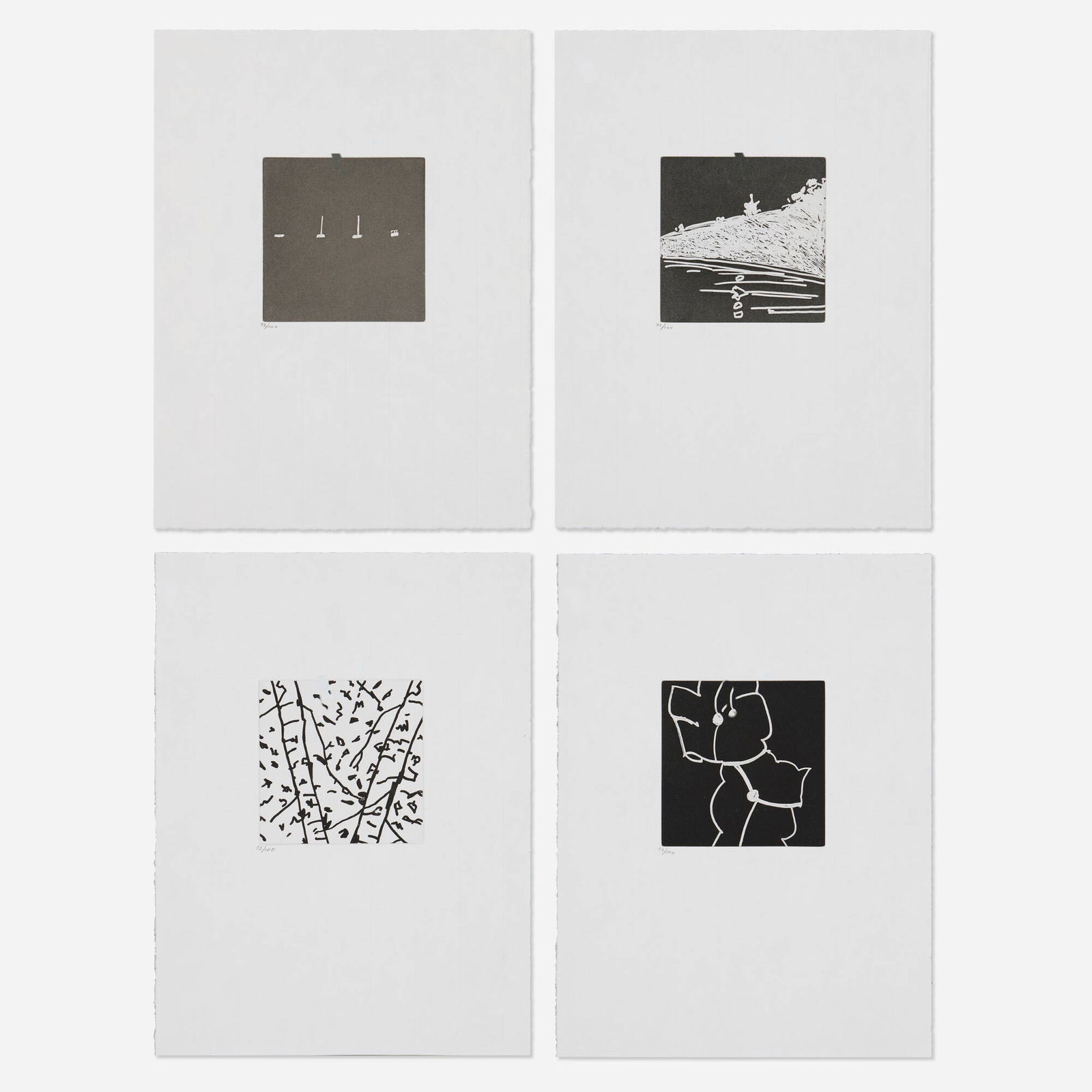 Alex Katz, Four works from the Gloria portfolio: Alex Katz Four works from the Gloria portfolio 2005etching and aquatint on Zerkall Ingres image (each): 3.875 h x 3.875 w in (10 x 10 cm) sheet (each): 12.125 h x 9 w in (31 x 23 cm) These