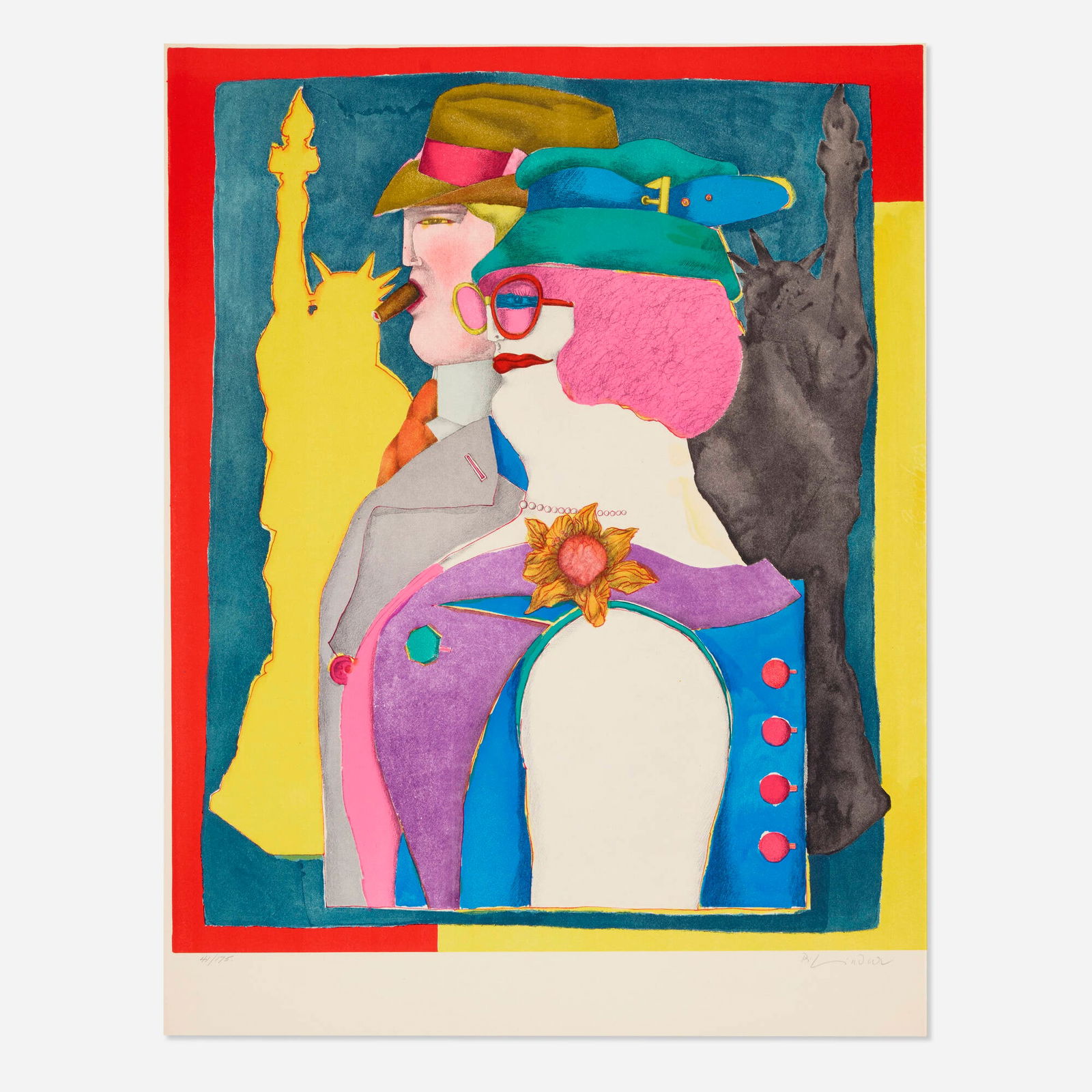 Richard Lindner, Out of Towners (from the Fun City portfolio): Richard Lindner Out of Towners (from the Fun City portfolio) 1971lithograph and collotype in colors on Arches 26.25 h x 20.25 w in (67 x 51 cm) Signed and numbered to lower edge '44/175 R. Lin