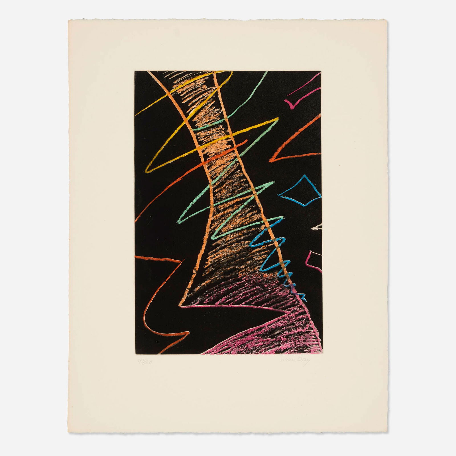 Man Ray, On the Moon: Man Ray On the Moon 1967etching and aquatint in colors on Lana image: 18 h x 11.75 w in (46 x 30 cm) sheet: 26 h x 20 w in (66 x 51 cm) Signed and numbered to lower edge '47/100 Man Ray'. T