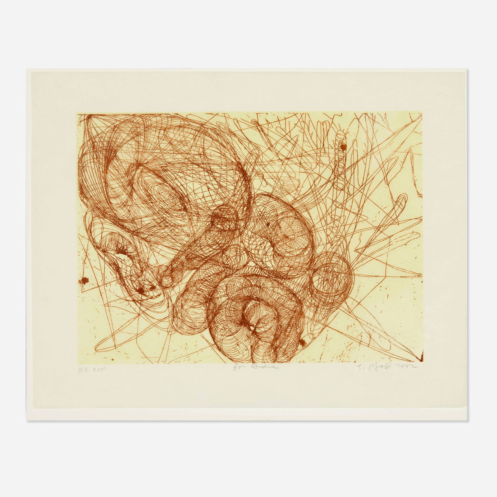 Judy Pfaff, For Andre: Judy Pfaff For Andre 2002letterpress on Crown Kozo image: 8.5 h x 11.75 w in (22 x 30 cm) sheet: 11.375 h x 14.75 w in (29 x 37 cm) Signed, dated and numbered to lower edge 'V.E. 225 For An