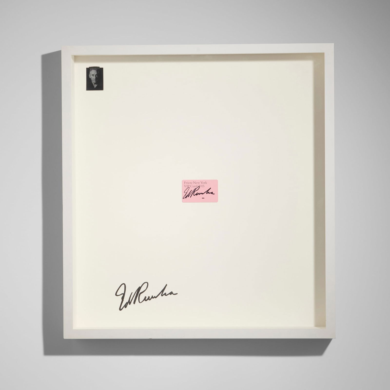 Ed Ruscha-signed Frieze New York VIP card: Ed Ruscha-signed Frieze New York VIP card 2015mixed media card: 2 h x 3.5 w in (5 x 9 cm) overall: 25.25 h x 23.25 w in (64 x 59 cm) Signed to card and to mount 'Ed Ruscha'. Provenance: