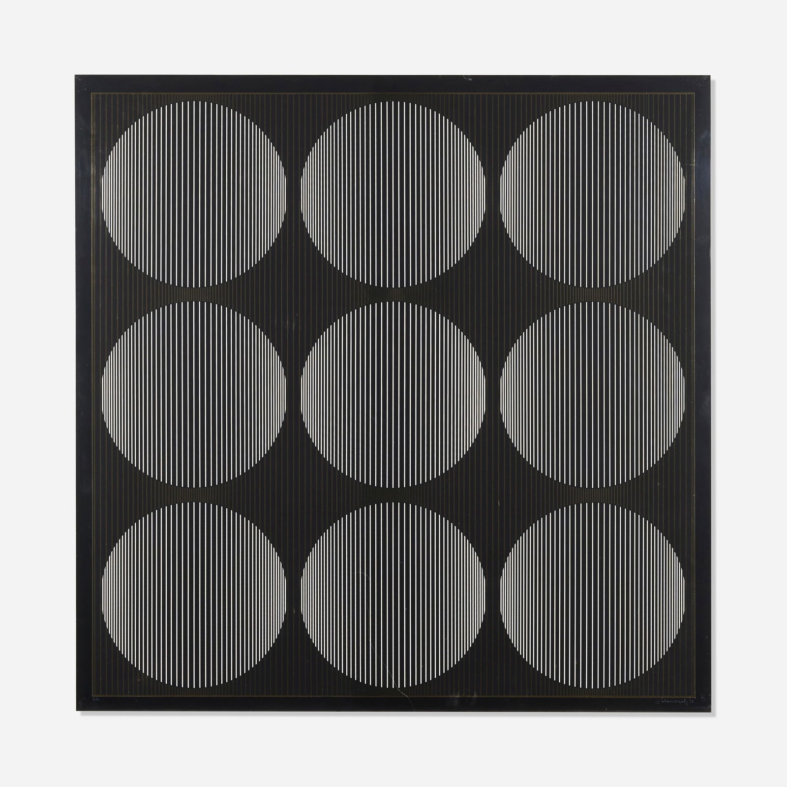 Julian Stanczak, Solar: Julian Stanczak Solar 1973screenprint in colors and foil on steel image: 34 h x 34 w in (86 x 86 cm) sheet: 36 h x 36 w in (91 x 91 cm) Signed, dated and numbered to lower edge 'EO J. Stanc