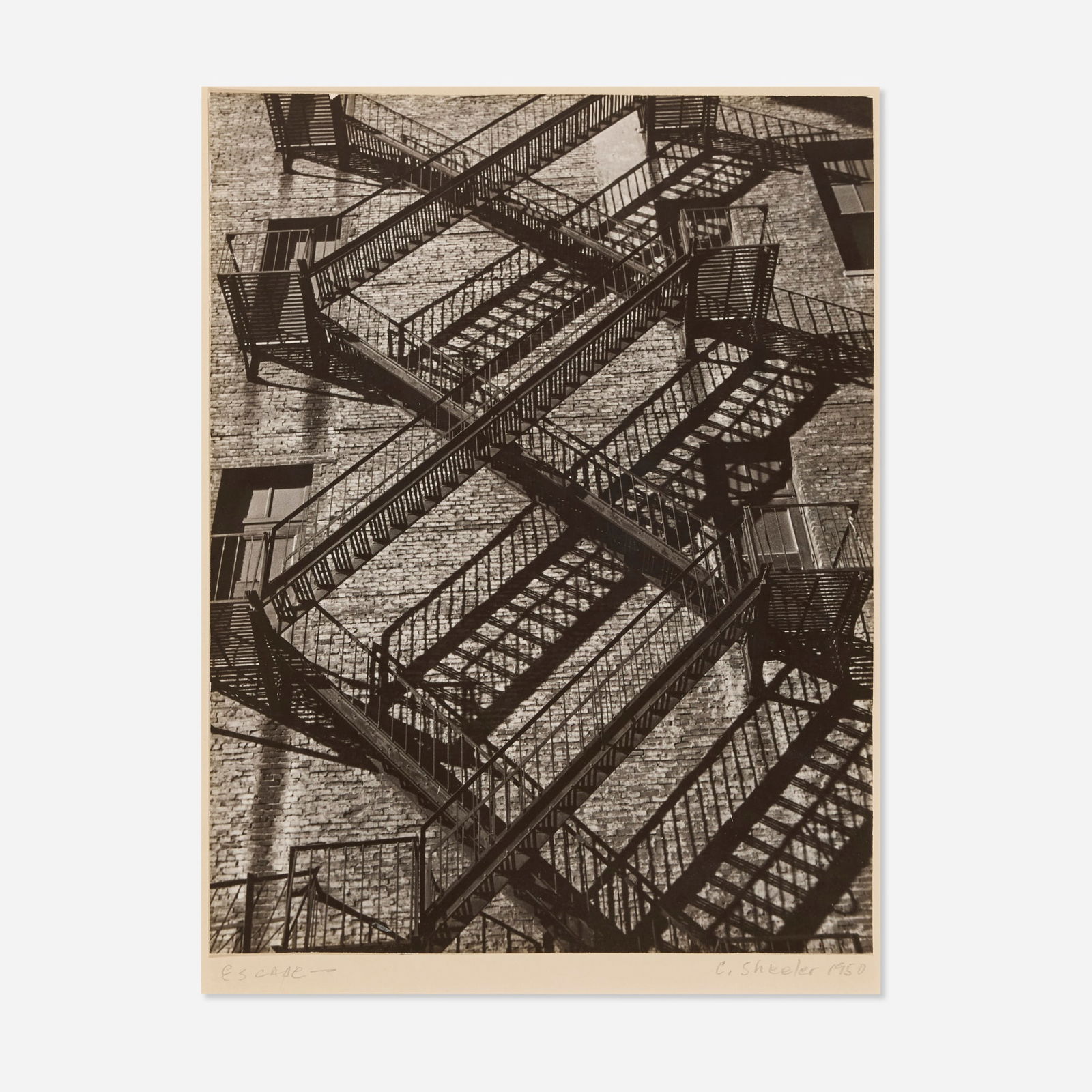 Charles Sheeler, Escape: Charles Sheeler Escape 1950vintage gelatin silver print image: 13.25 h x 10.25 w in (34 x 26 cm) mount: 16.625 h x 10.25 w in (42 x 26 cm) Signed, titled and dated to mount 'Escape - C. She