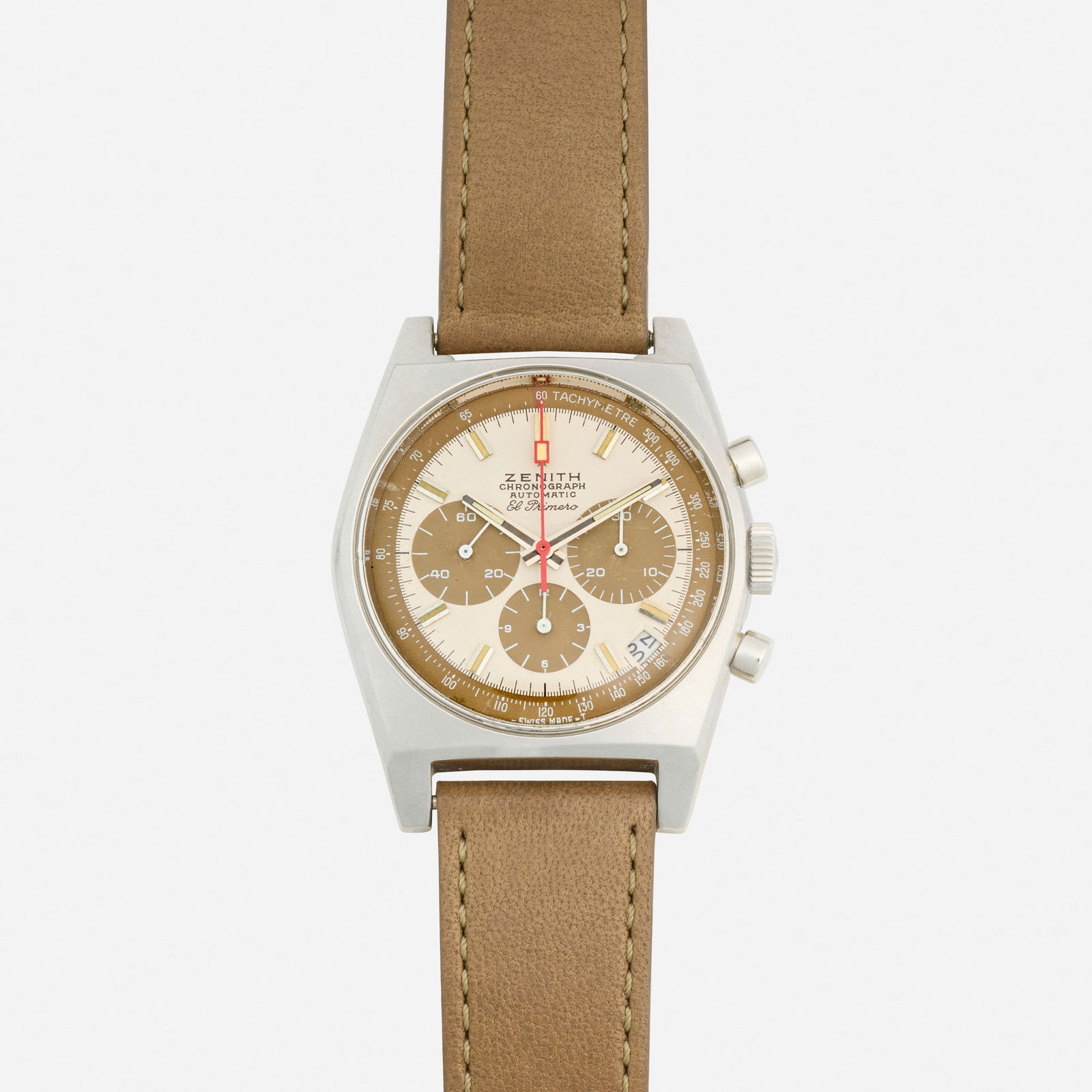 Zenith, 'El Primero' stainless steel wristwatch, Ref. A385: Zenith 'El Primero' stainless steel wristwatch, Ref. A385 With baton hours, three sub-dials, date and chronograph functions Dial: 'Khaki fume' Movement: Automatic Case material: Stainl