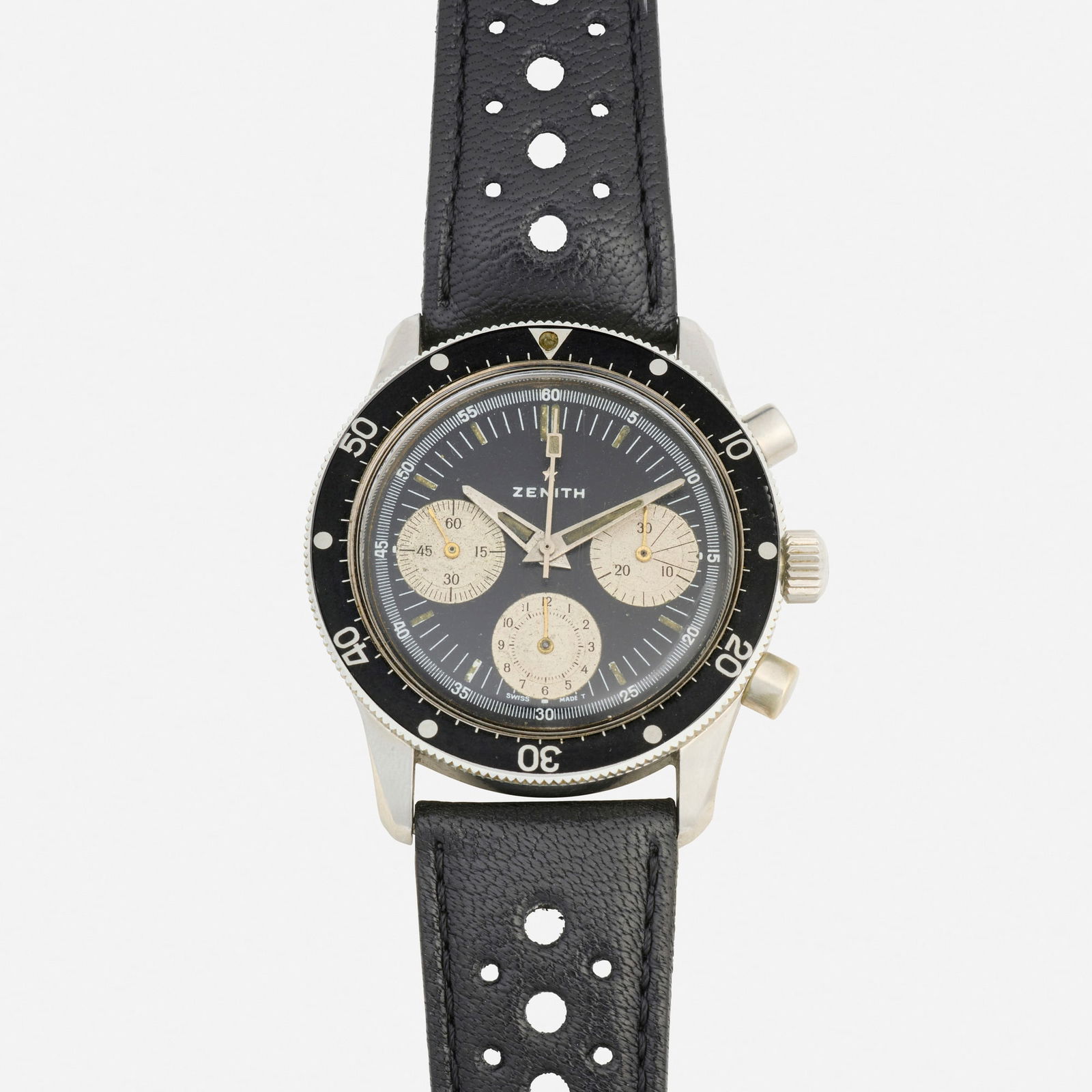 Zenith, 'Sub-Sea Diver' stainless steel wristwatch, Ref. A277: Zenith 'Sub-Sea Diver' stainless steel wristwatch, Ref. A277 With baton hours, three sub-dials, and chronograph functions Dial: Black Movement: Manual wind Case material: Stainless st