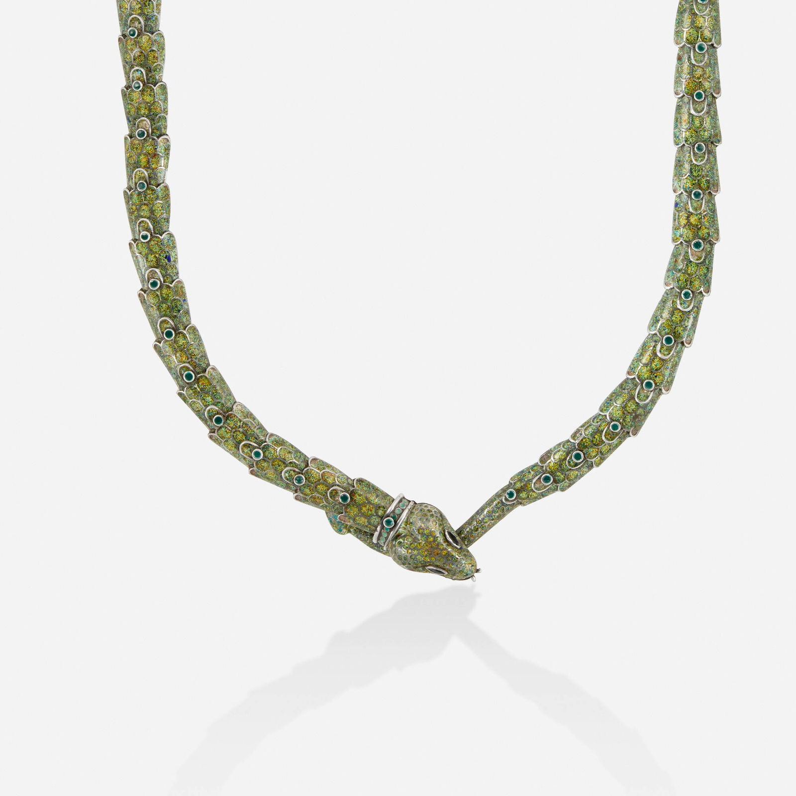 Margot Van Voorhies Carr (de Taxco), Sterling silver and enamel necklace: Margot Van Voorhies Carr (de Taxco) Sterling silver and enamel necklace Designed as an articulated coiled snake with colorful enamel scales, no. 5554; 1950s Sterling silver Signed Margot De Taxco 32